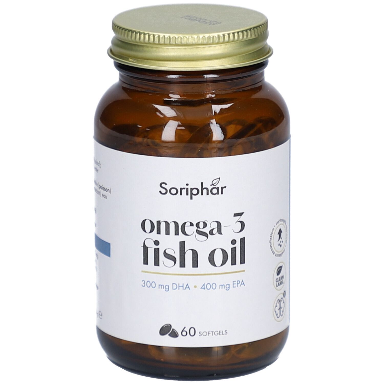 Braune Glasflasche mit goldfarbenem Deckel. Etikett mit "Soriphar omega-3 fish oil". 60 Softgels.