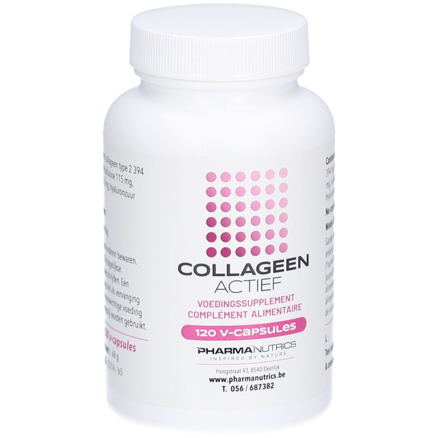 Weiße Flasche mit Schraubverschluss. Aufschrift: COLLAGEEN ACTIEF, 120 V-capsules. Marke: PharmaNutrics.