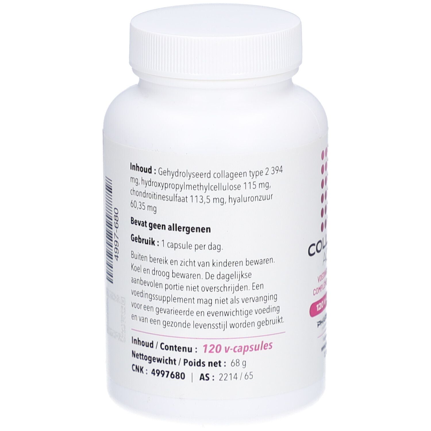 Rückseite der weißen Flasche. Enthält Inhaltsstoffe und Informationen. Inhalt: 120 V-capsules. Nettogewicht: 68 g.