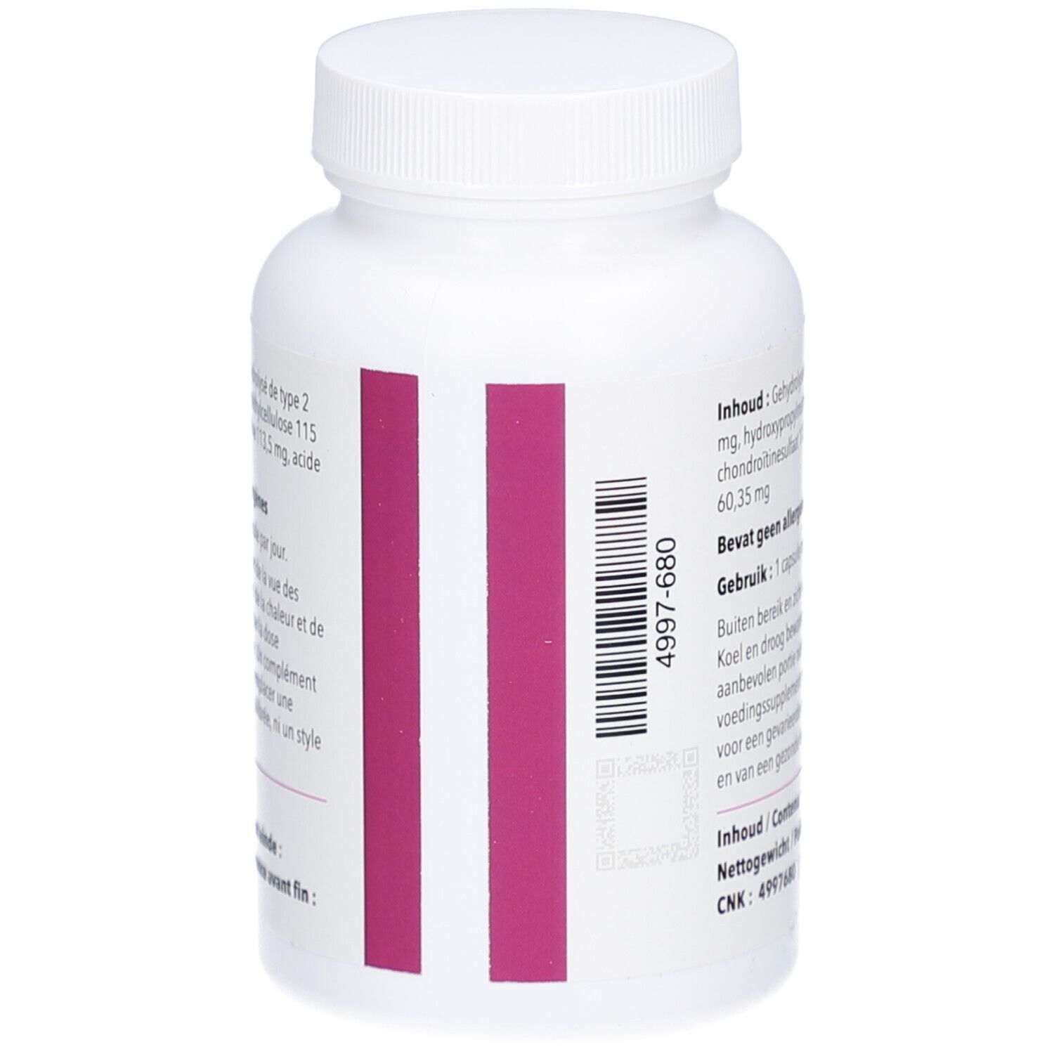 Rückseite der weißen Flasche. Enthält Inhaltsstoffe und Informationen. Barcode und CNK-Nummer.