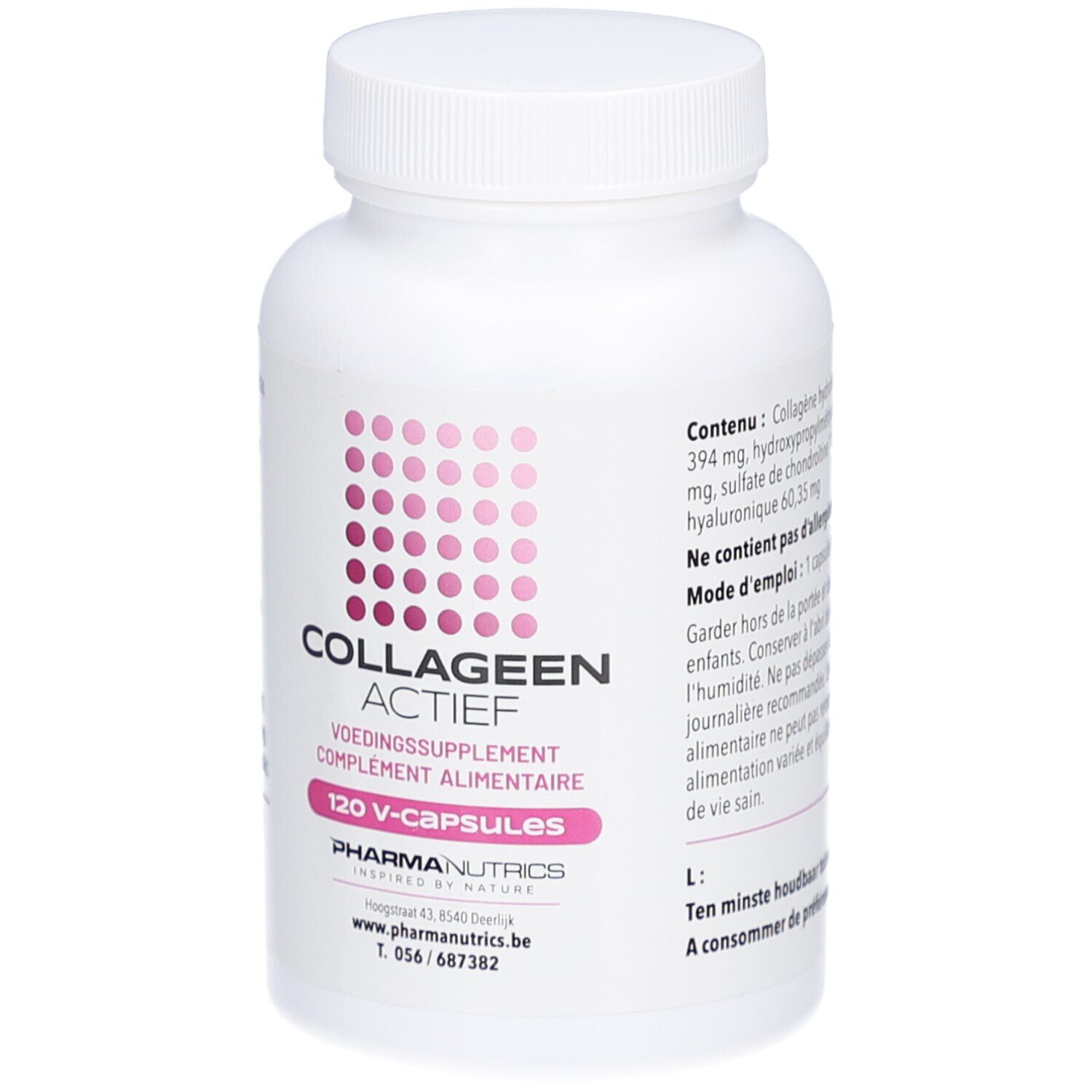 Weiße Flasche mit Schraubverschluss. Aufschrift: COLLAGEEN ACTIEF, 120 V-capsules. Marke: PharmaNutrics.