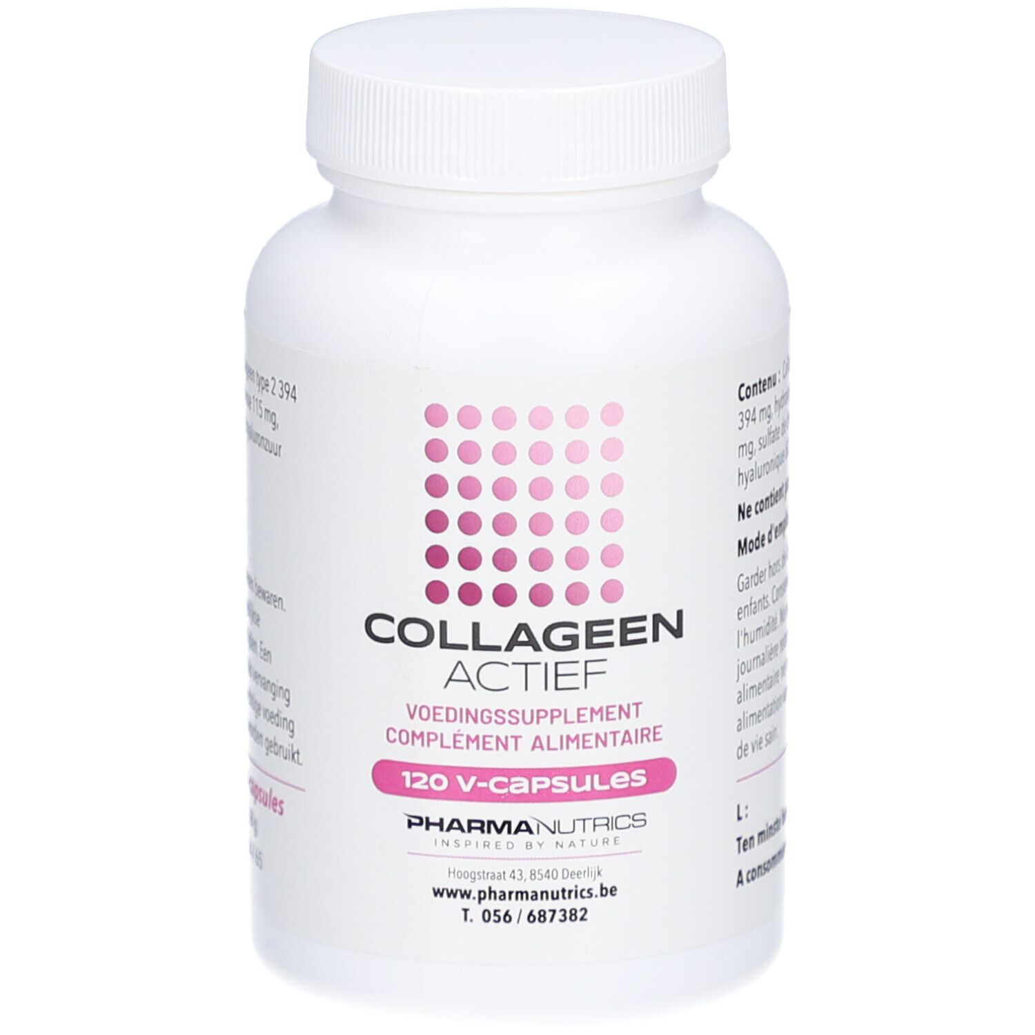 Weiße Flasche mit Schraubverschluss. Aufschrift: COLLAGEEN ACTIEF, 120 V-capsules. Marke: PharmaNutrics.