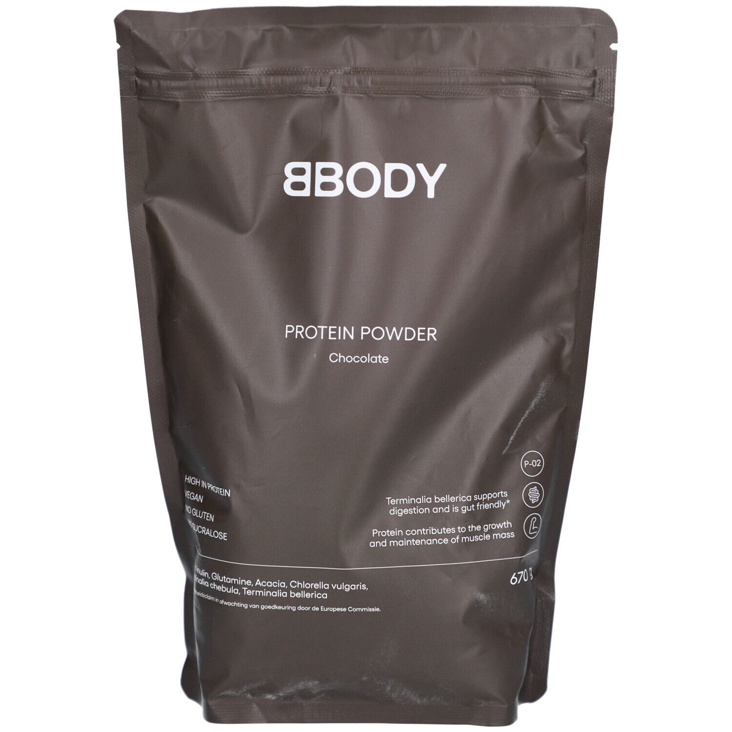 Braune Tüte mit weißem 'Bbody'-Logo und Produktbezeichnung 'Protein Powder Chocolate'. Enthält 670g.
