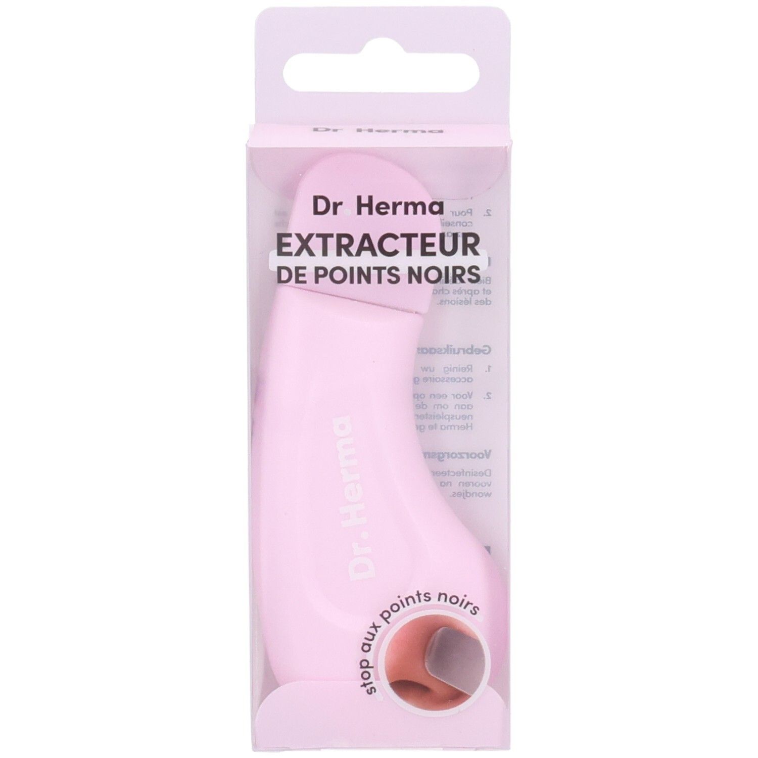Rosa Extraktor für Mitesser in Verpackung. Sichtbar: Markenname Dr. Herma und Produktbezeichnung.