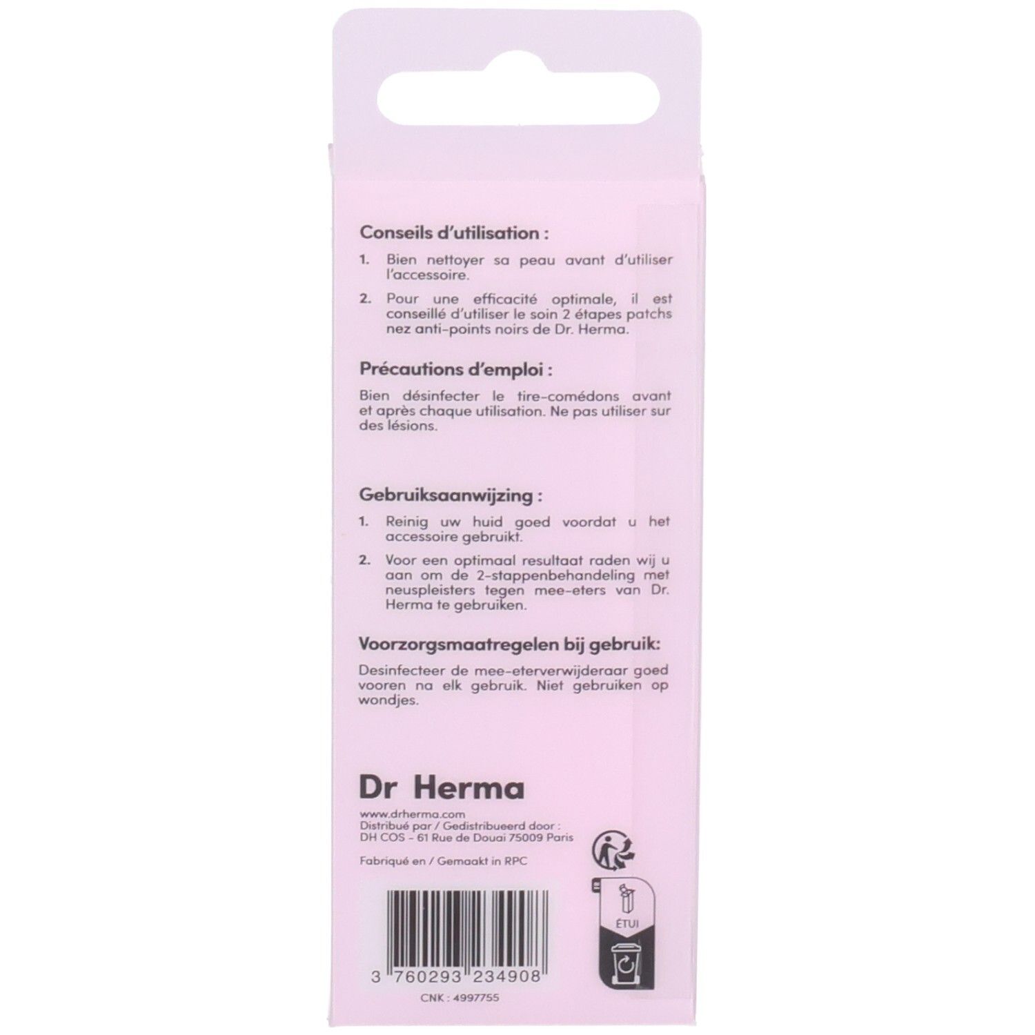 Rückseite der Produktverpackung. Text in Französisch und Niederländisch. Markenname Dr. Herma.