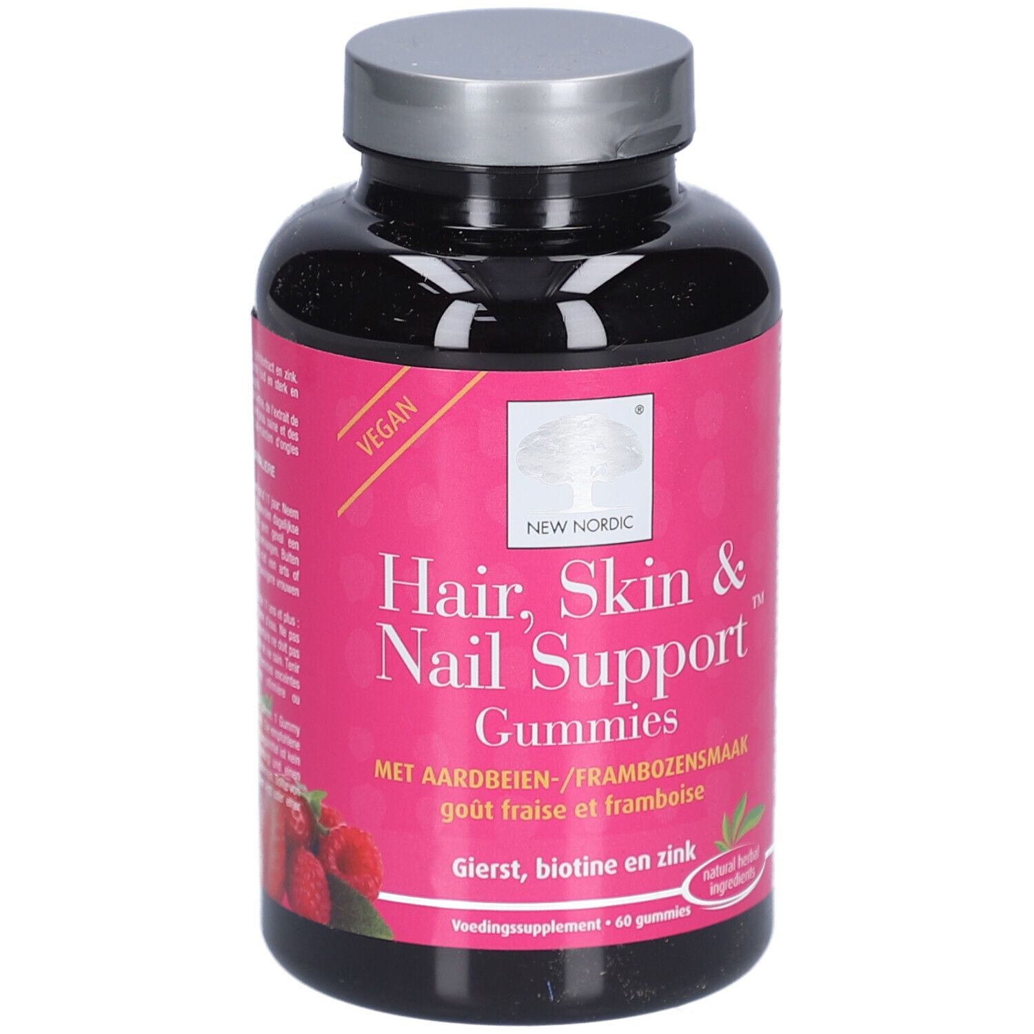 Schwarze Flasche mit pinkfarbenem Etikett. Aufschrift: Hair, Skin & Nail Support Gummies. Vegan. Mit Erdbeer-Himbeer-Geschmack.