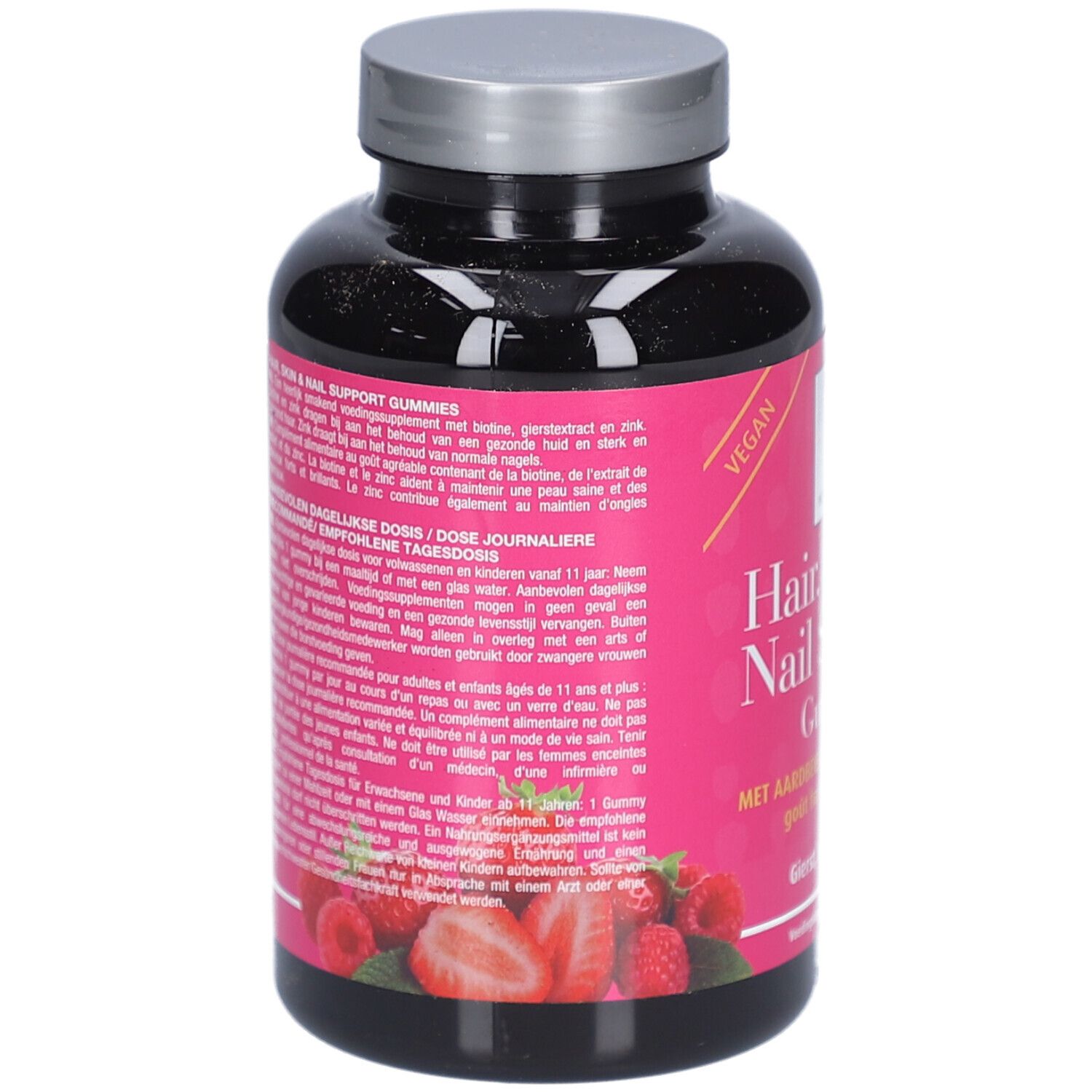 Rückseite der Flasche mit pinkfarbenem Etikett. Text in mehreren Sprachen. Abbildung von Erdbeeren und Himbeeren.