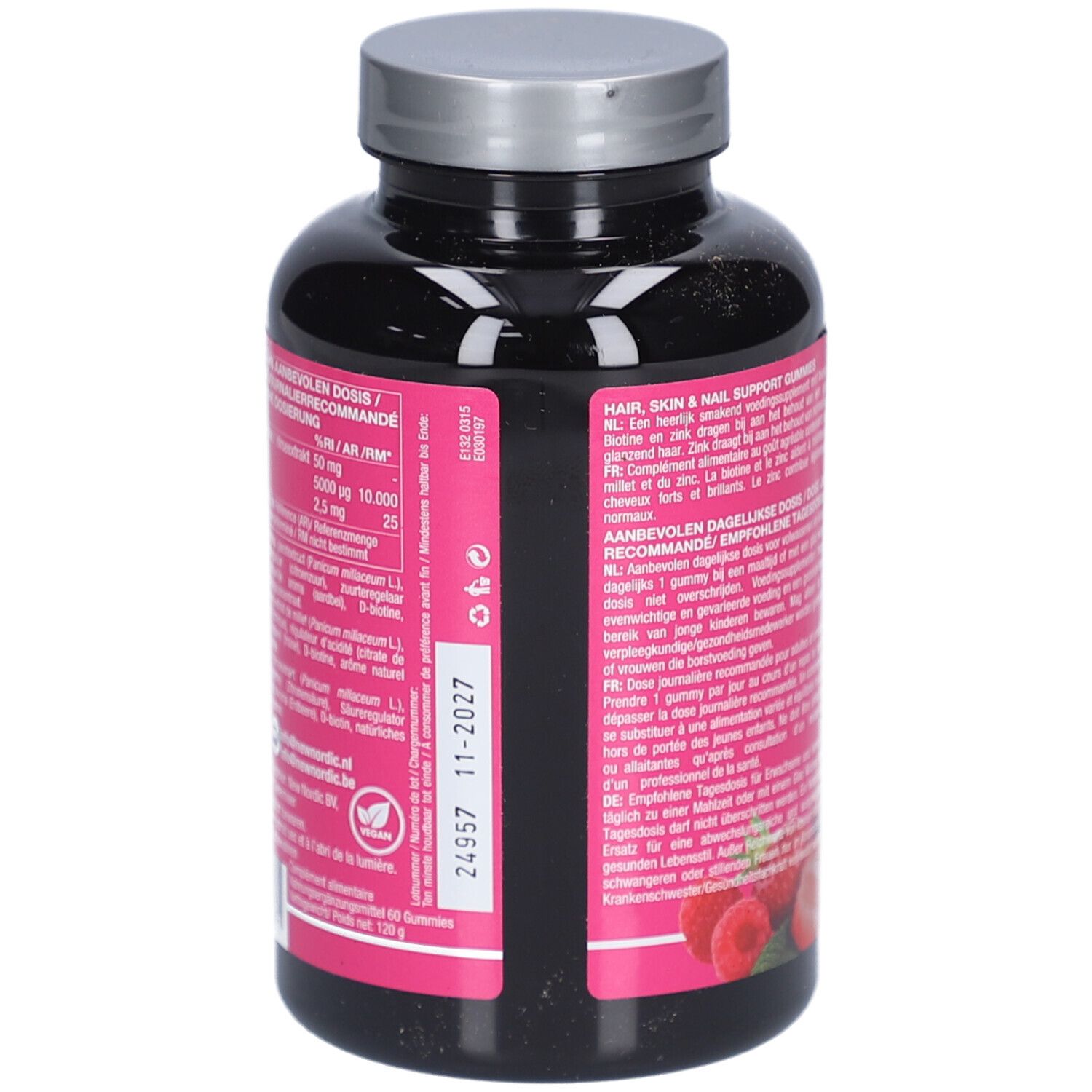 Rückseite der Flasche mit pinkfarbenem Etikett. Text in mehreren Sprachen. Haltbarkeitsdatum: 11-2027.