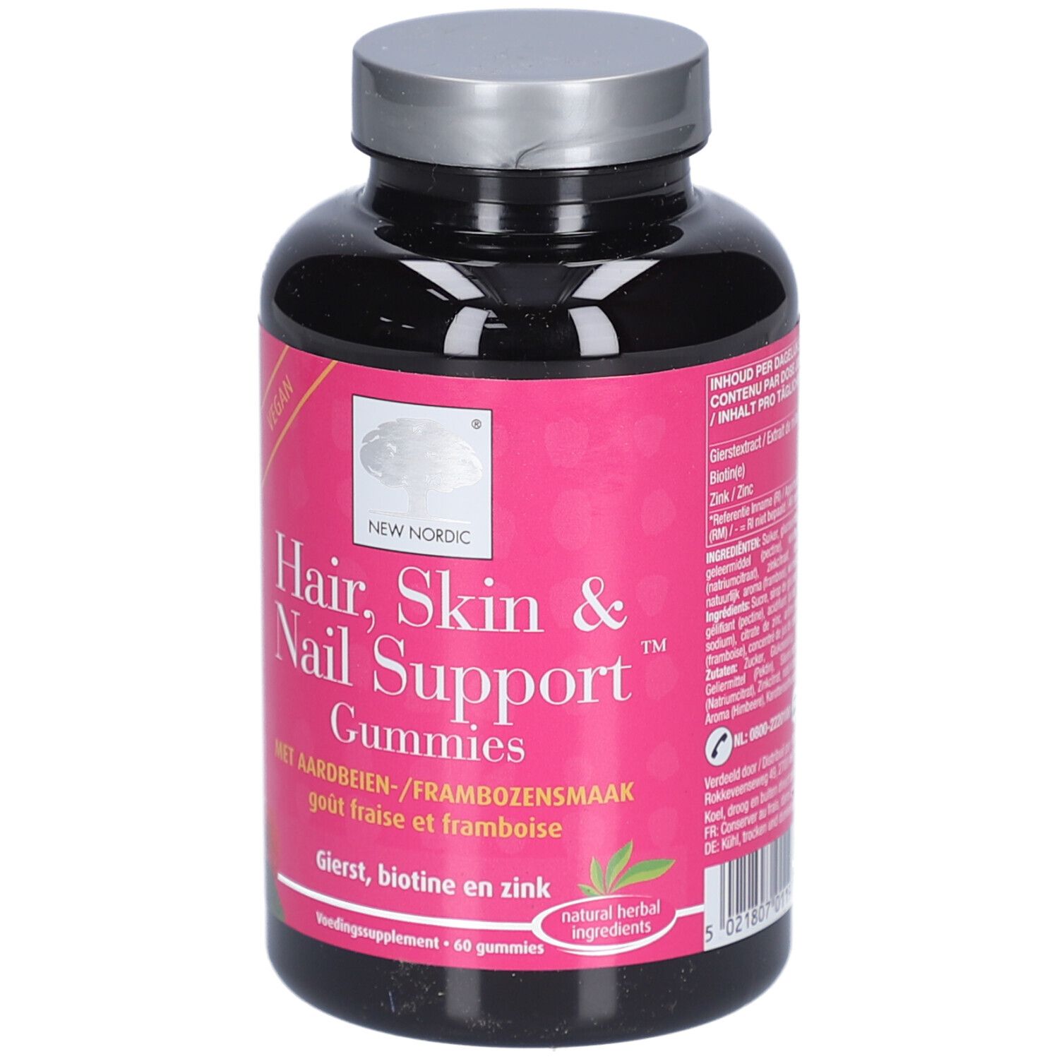 Schwarze Flasche mit pinkfarbenem Etikett. Aufschrift: Hair, Skin & Nail Support Gummies. Vegan. Mit Erdbeer-Himbeer-Geschmack.