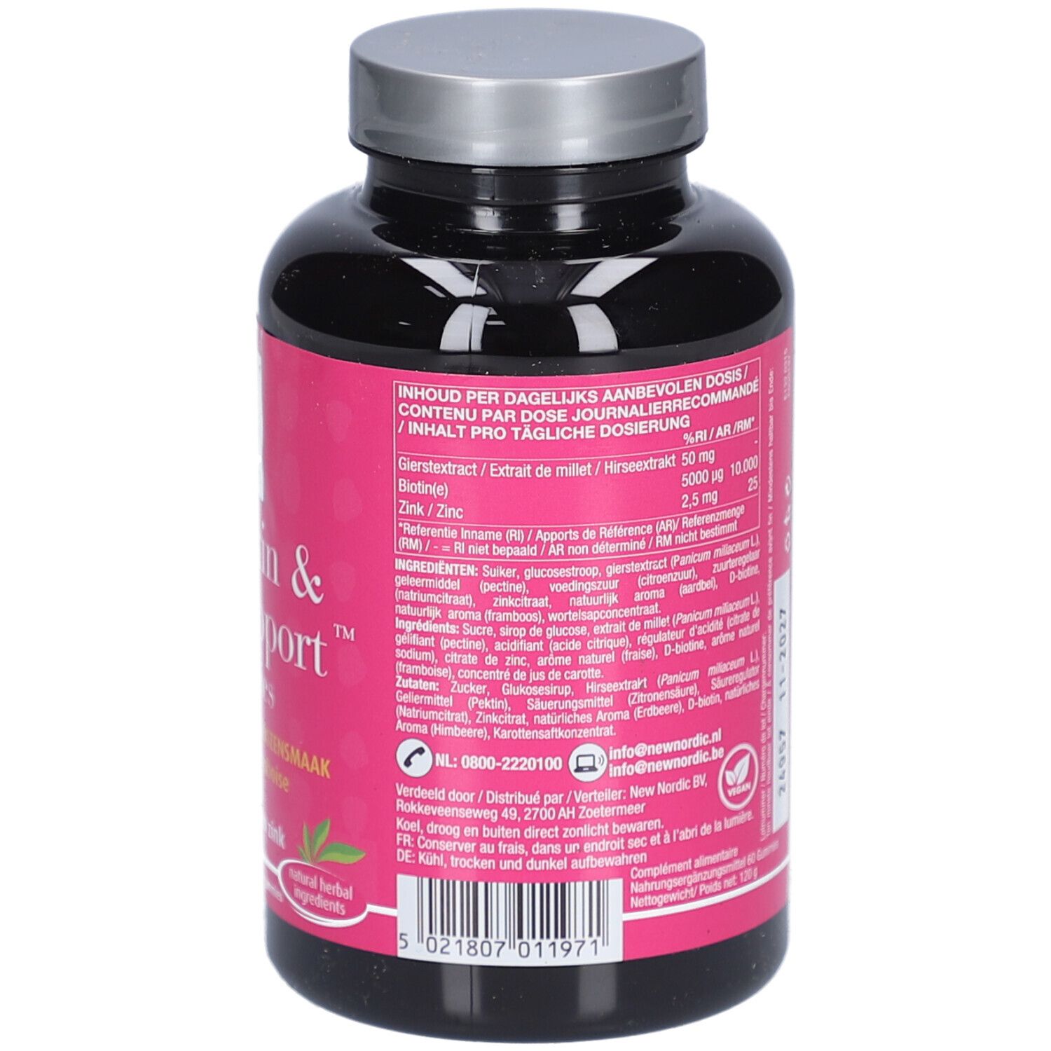 Rückseite der Flasche mit pinkfarbenem Etikett. Text in mehreren Sprachen. Inhaltsstoffe und Nährwertangaben.