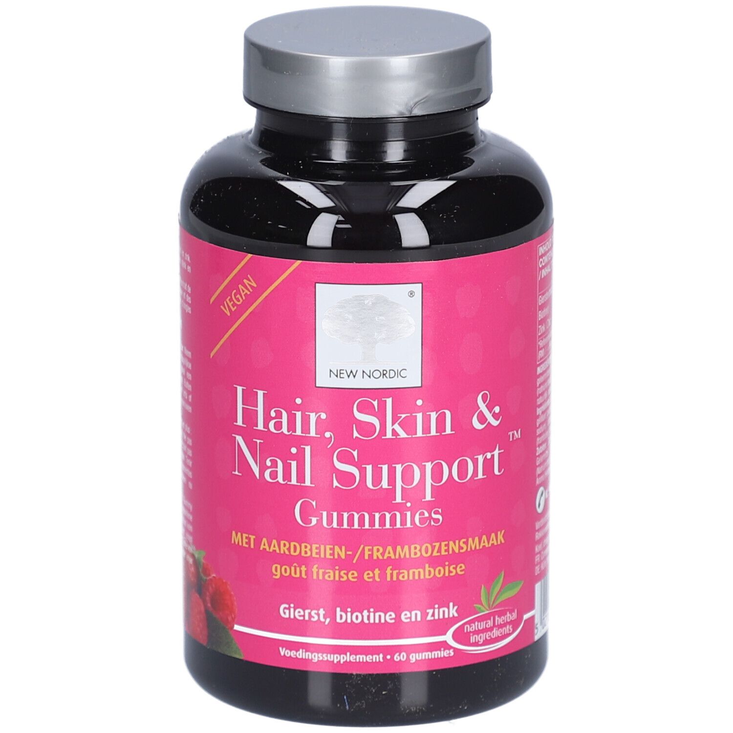 Schwarze Flasche mit pinkfarbenem Etikett. Aufschrift: Hair, Skin & Nail Support Gummies. Vegan. Mit Erdbeer-Himbeer-Geschmack.