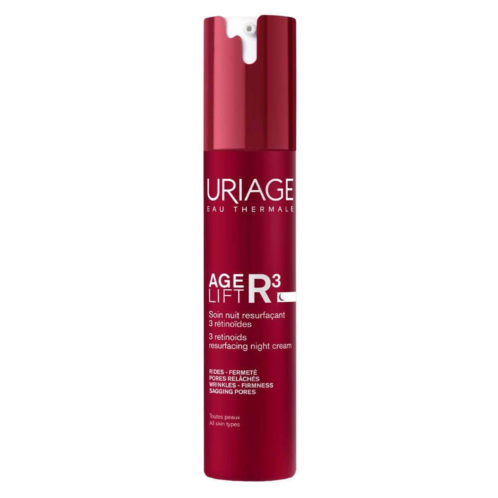 Flacon rouge avec pompe rouge et blanche, Uriage Age Lift R3 Soin Nuit.