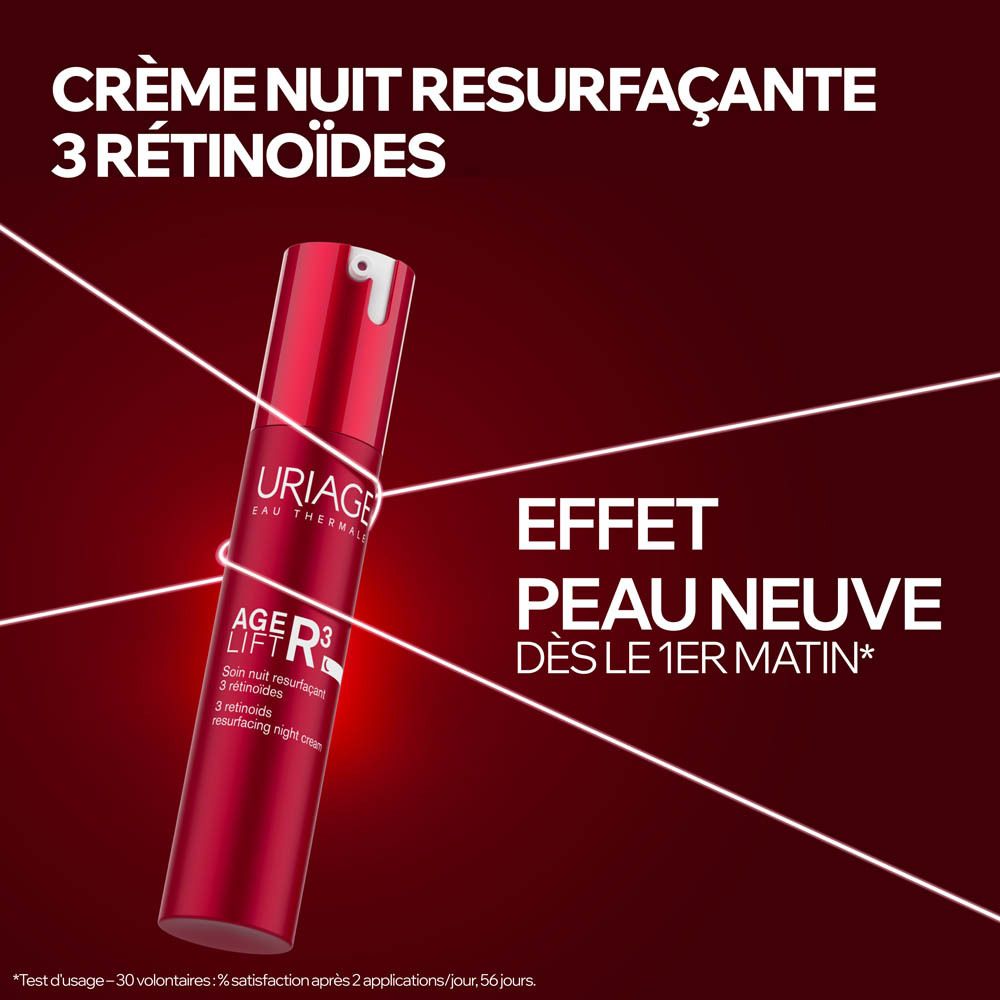 Flacon rouge avec pompe rouge et blanche, Uriage Age Lift R3 Soin Nuit, vue arrière.