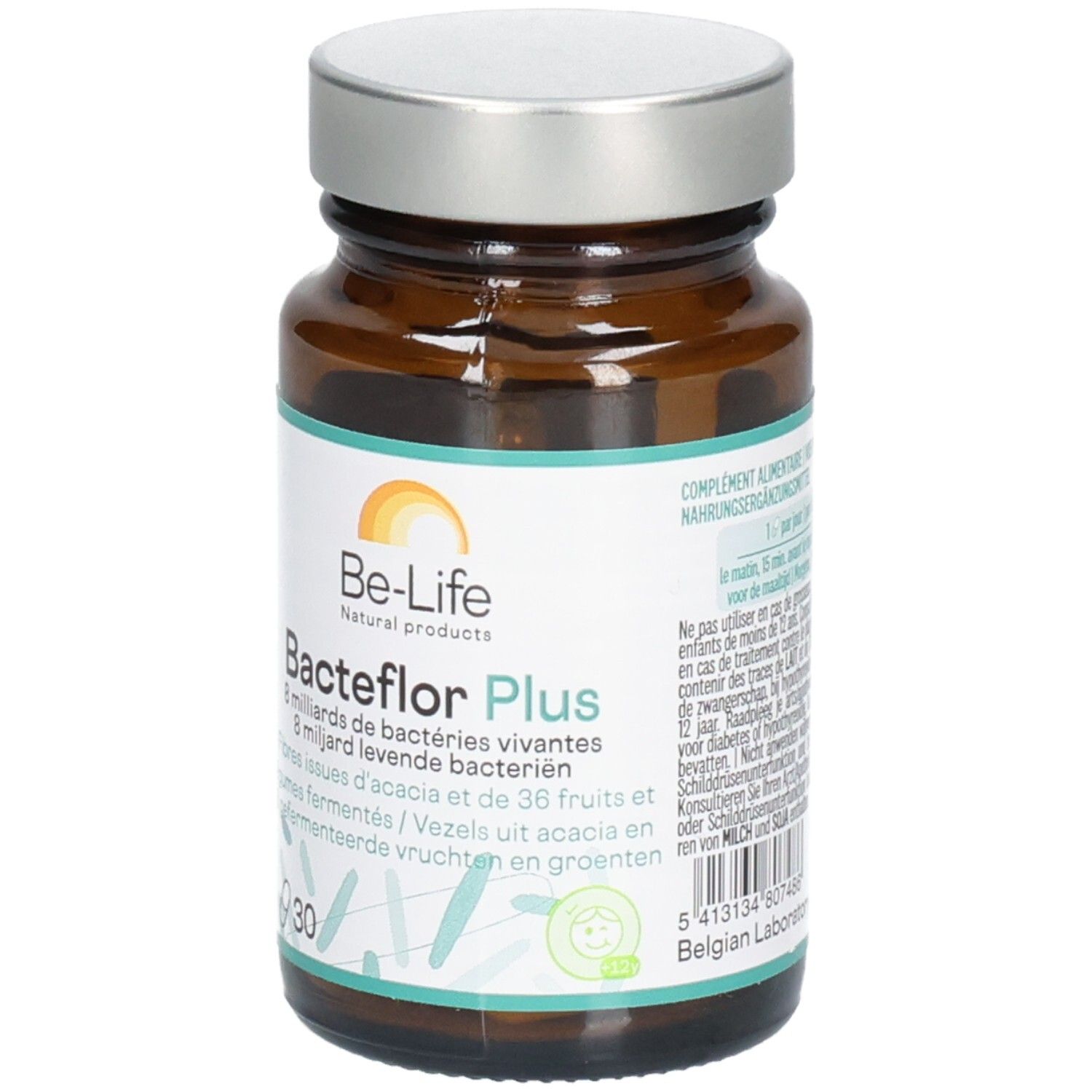 Braune Glasflasche mit silbernem Deckel. Aufschrift: Be-Life Bacteflor Plus, 30 Kapseln. Enthält lebende Bakterien und Ballaststoffe.