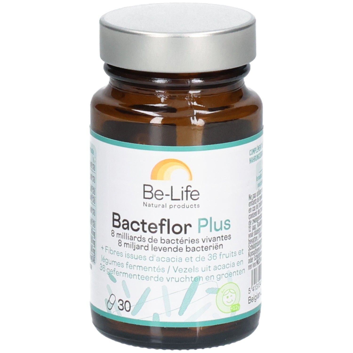 Braune Glasflasche mit silbernem Deckel. Aufschrift: Be-Life Bacteflor Plus, 30 Kapseln. Enthält lebende Bakterien und Ballaststoffe.