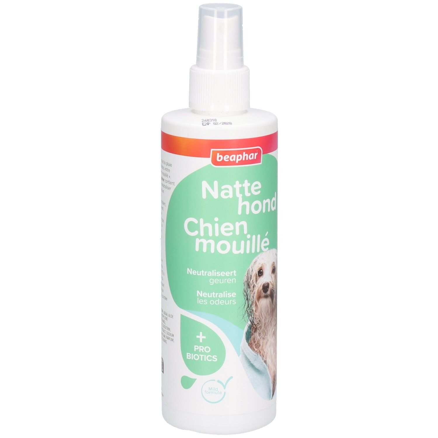 Weiße Sprühflasche mit Beaphar-Logo und Produktnamen. Abbildung eines Hundes. Text: Natte hond Chien mouillé.