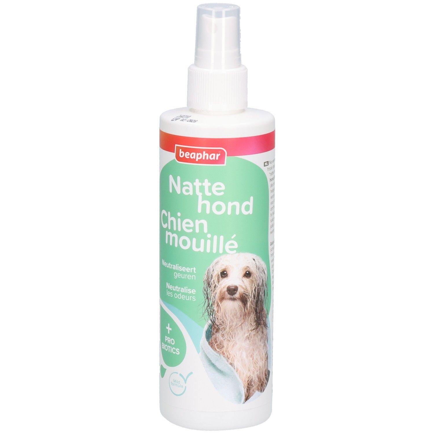 Weiße Sprühflasche mit Beaphar-Logo und Produktnamen. Abbildung eines Hundes. Text: Natte hond Chien mouillé.