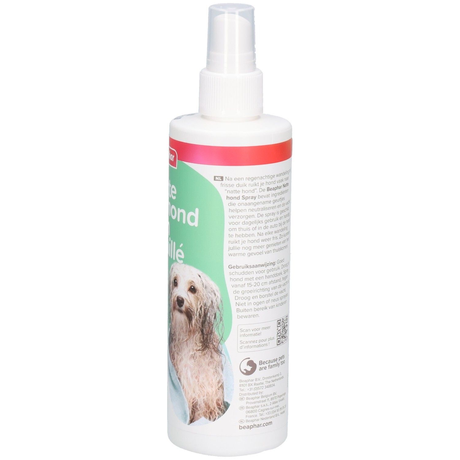 Rückseite einer weißen Sprühflasche. Text: Natte hond Chien mouillé. Produktinformationen und QR-Code.