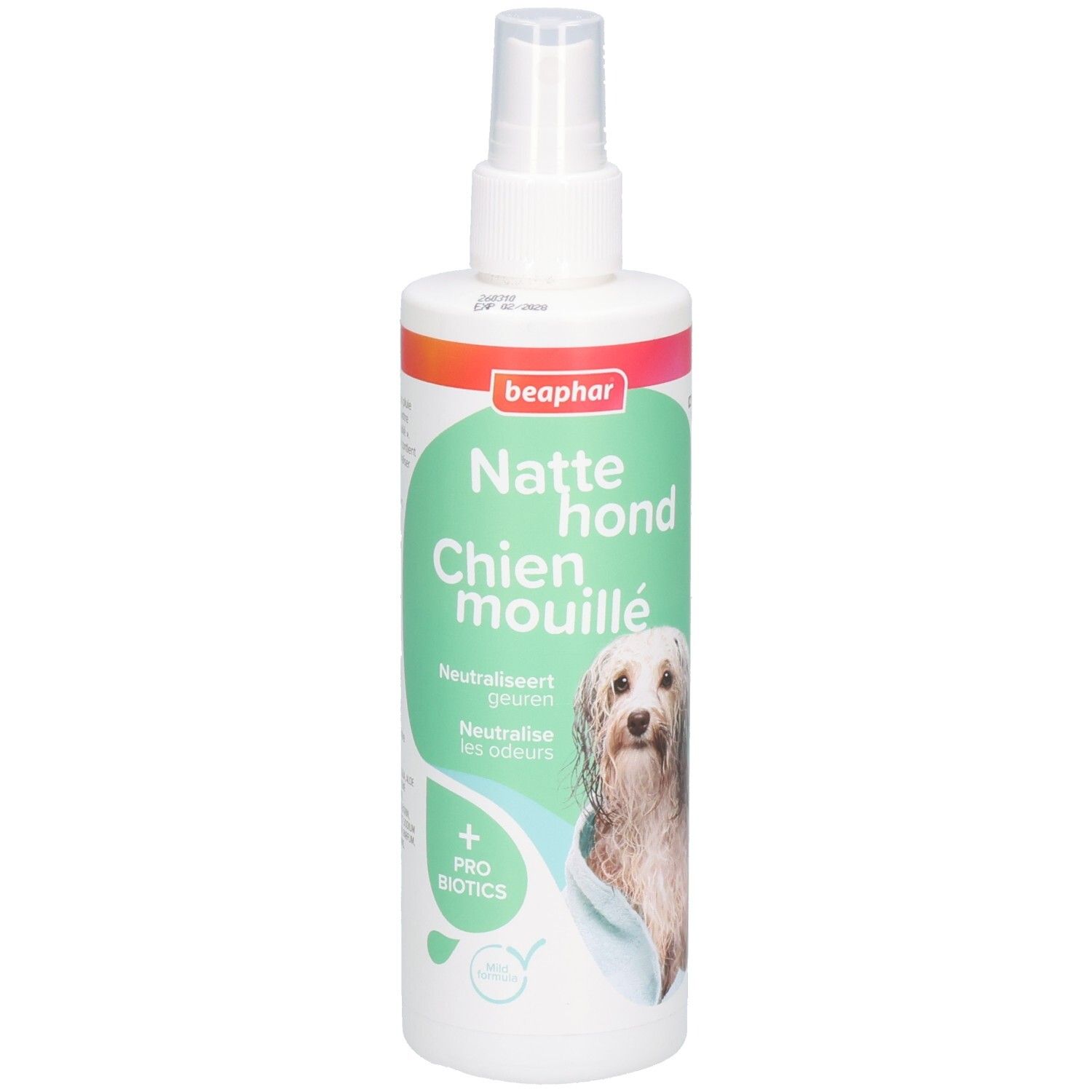 Weiße Sprühflasche mit Beaphar-Logo und Produktnamen. Abbildung eines Hundes. Text: Natte hond Chien mouillé.