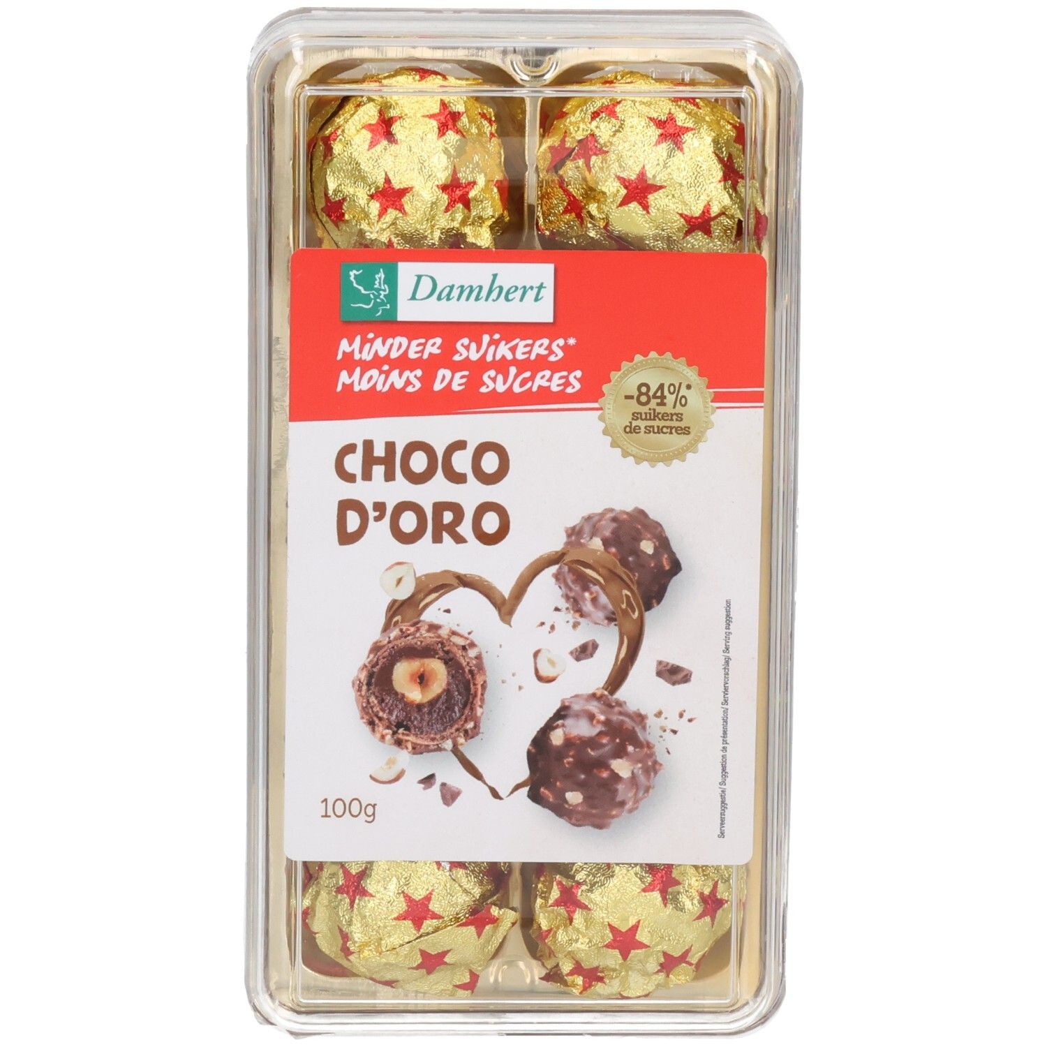 Schokoladenpralinen mit Haselnussfüllung in goldener Folie mit roten Sternen.