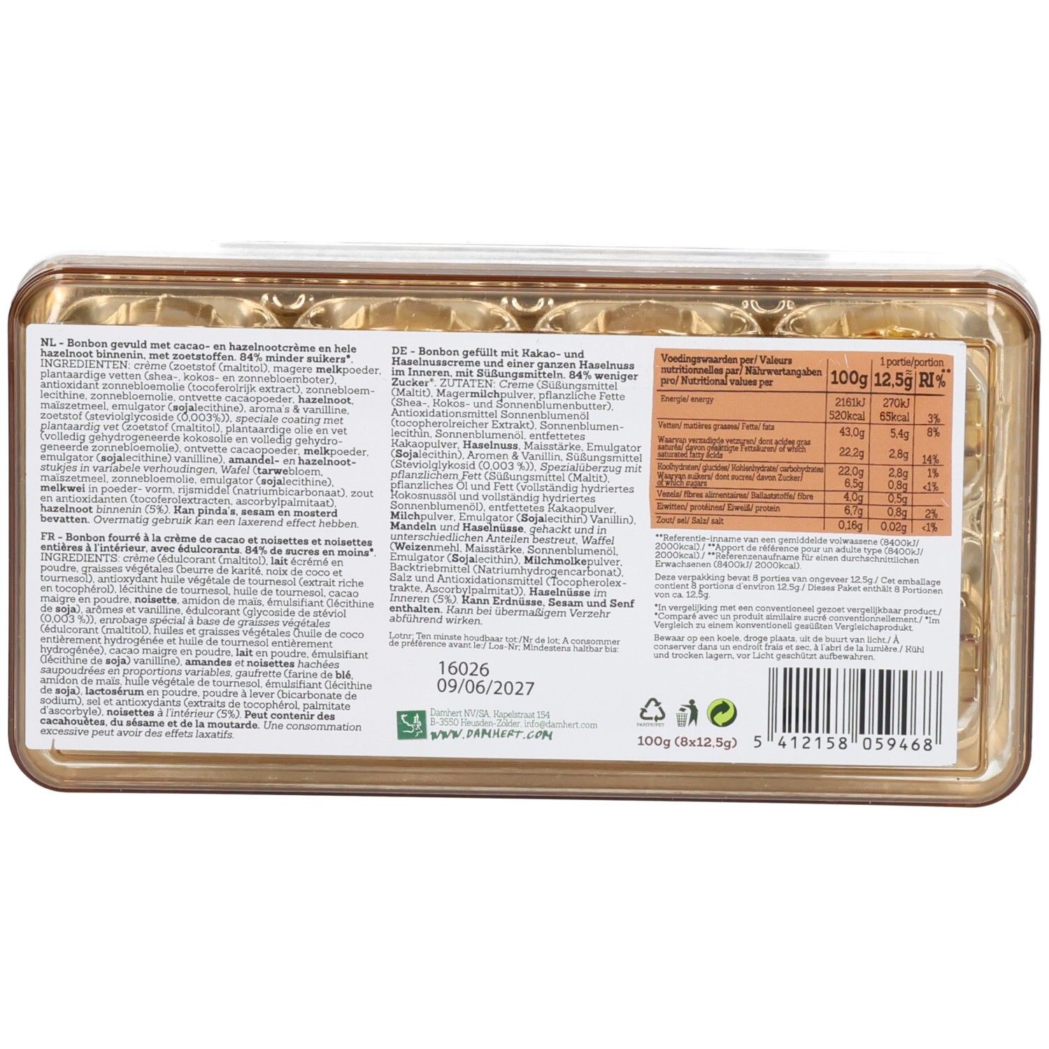 Rückseite einer Packung Schokoladenpralinen mit Nährwertangaben und Zutatenliste.