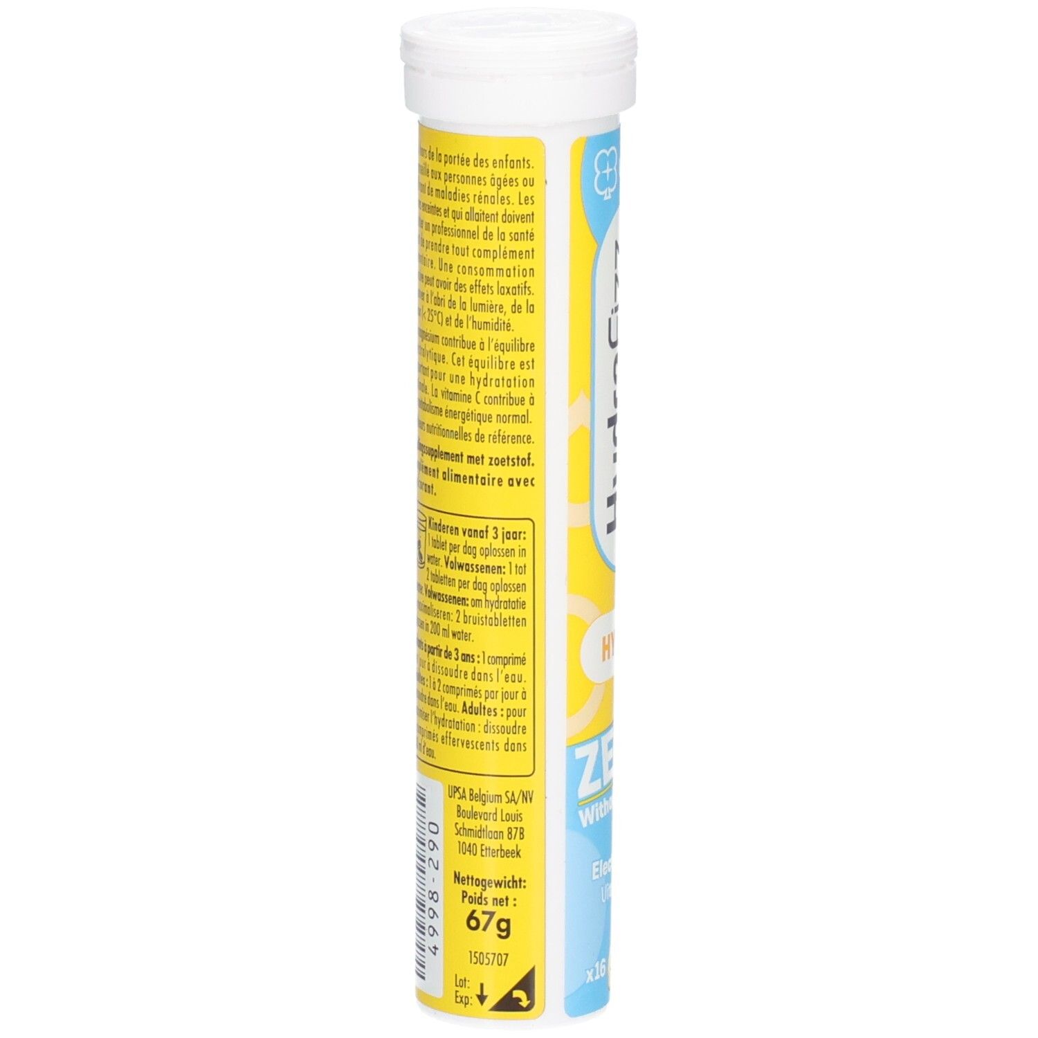 Rückseite Hydrafizz Hydra Lemon Zero Röhrchen: Informationen zu Inhaltsstoffen und Anwendung.