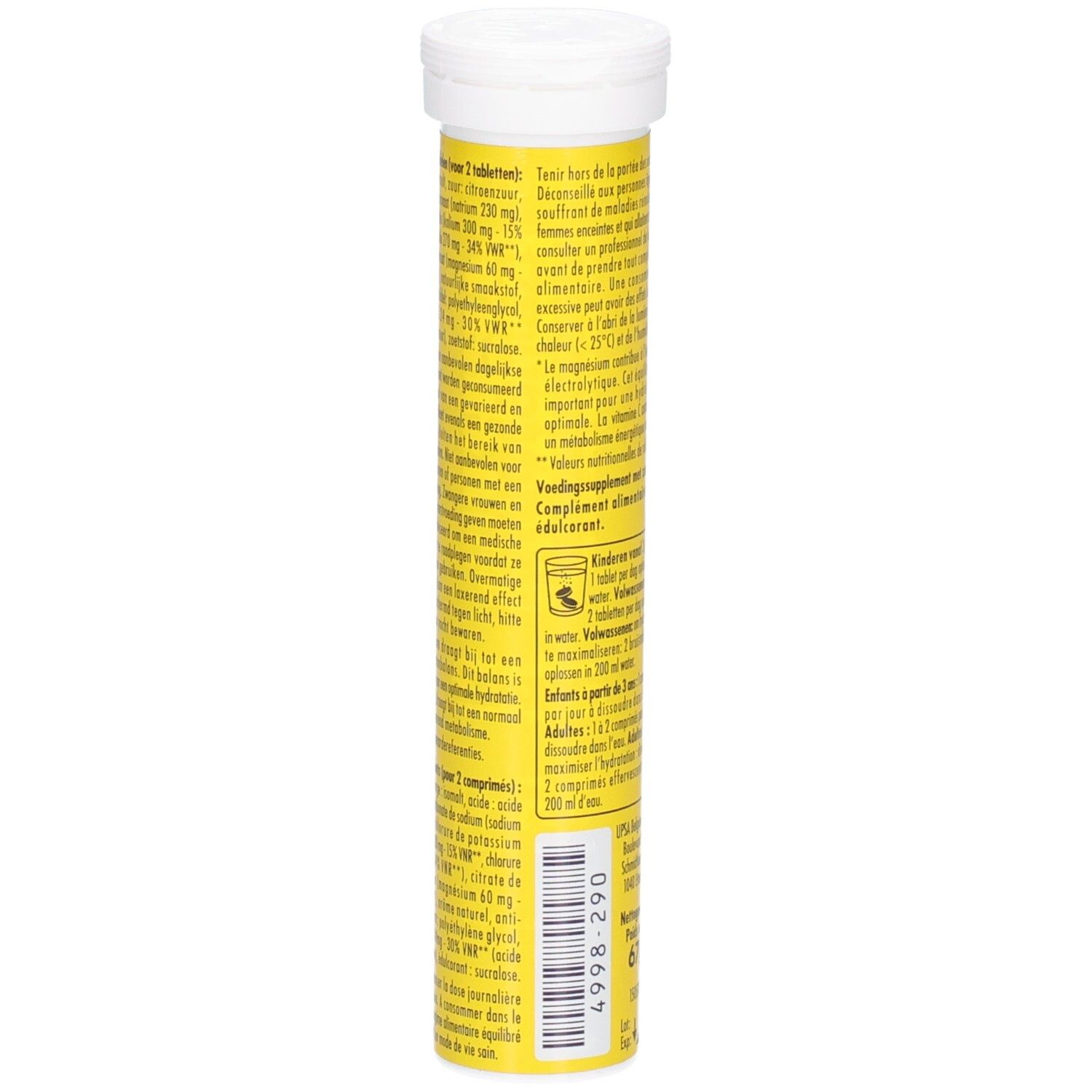 Seitenansicht Hydrafizz Hydra Lemon Zero Röhrchen: Detaillierte Inhaltsstoffangaben und Dosierung.
