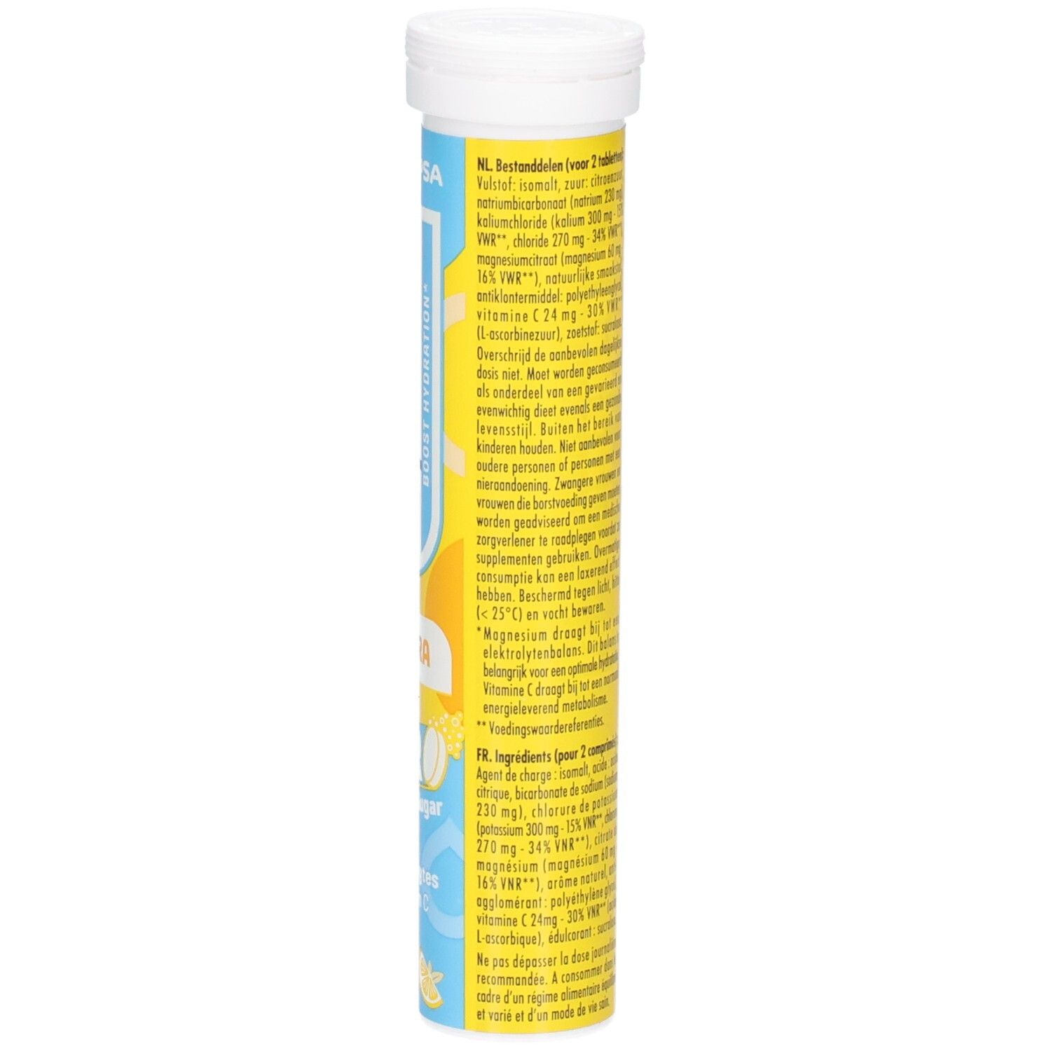 Seitenansicht Hydrafizz Hydra Lemon Zero Röhrchen: Inhaltsstoffe und Anwendungshinweise auf Niederländisch.