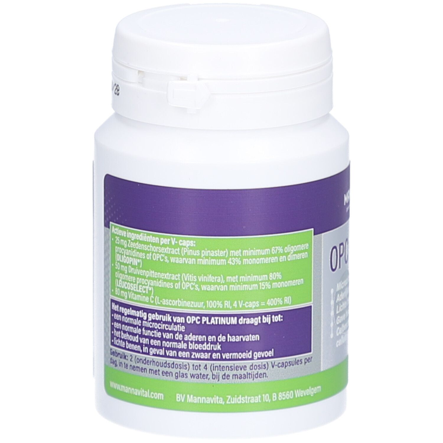Weiße Flasche mit lila und grünen Etiketten. Enthält OPC Platinum. Text: Inhaltsstoffe, Anwendungshinweise.
