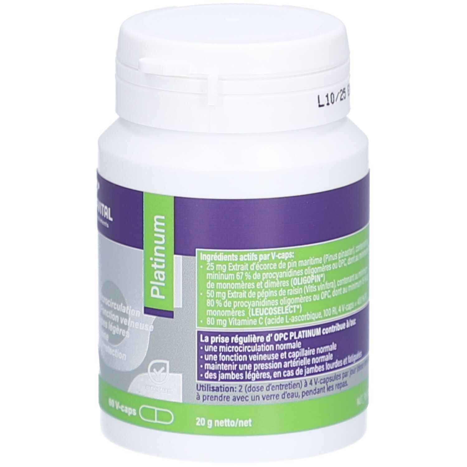 Weiße Flasche mit lila und grünen Etiketten. Enthält OPC Platinum. Text: Inhaltsstoffe, Dosierung, 60 V-caps.