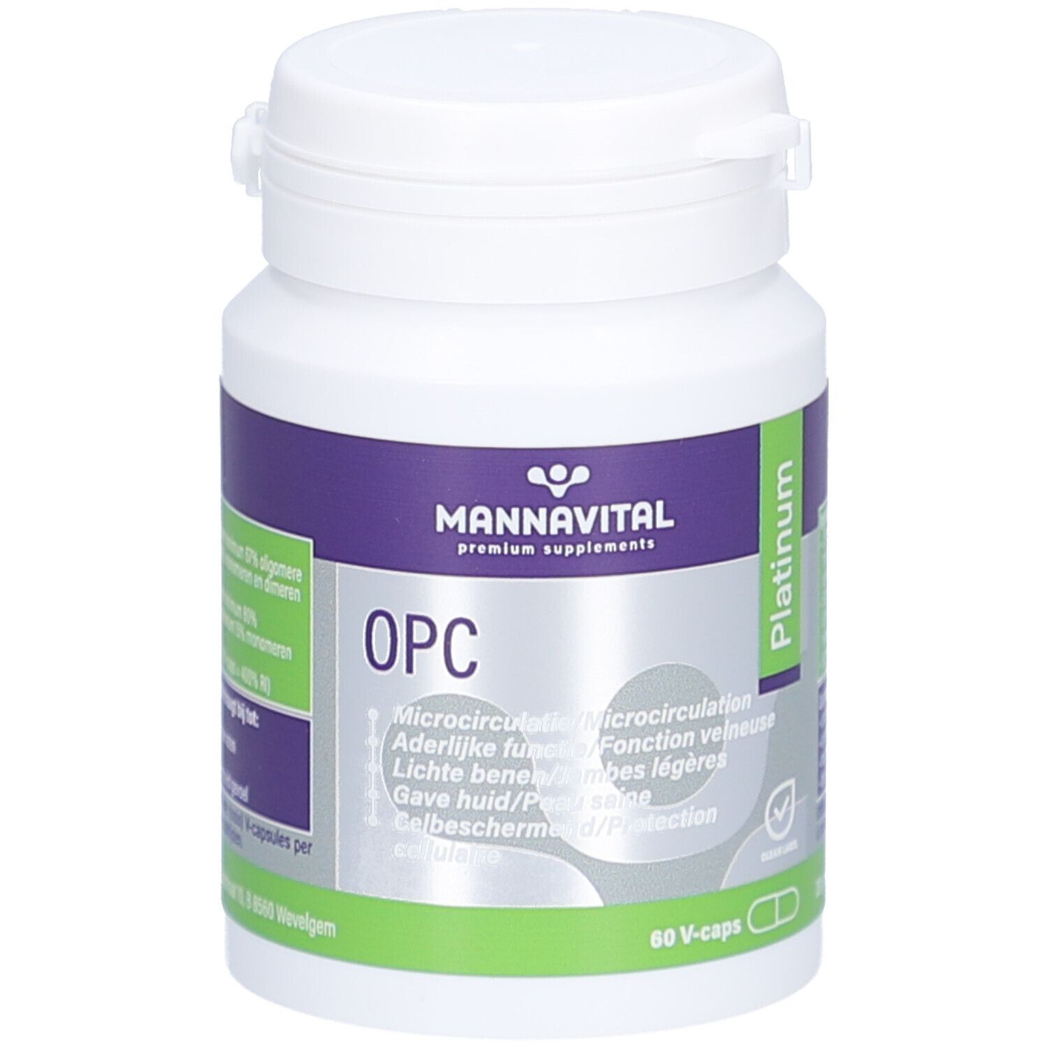 Weiße Flasche mit lila und grünen Etiketten. Enthält OPC Platinum. Text: Mannavital, OPC, 60 V-caps.