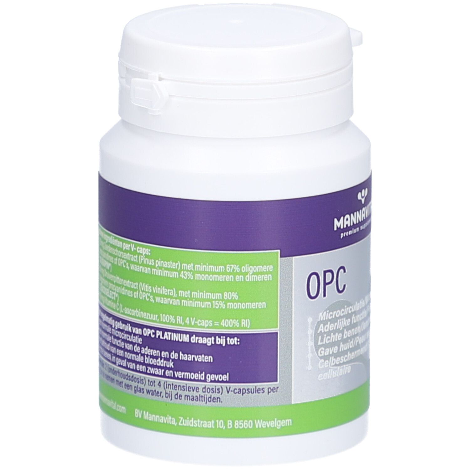 Weiße Flasche mit lila und grünen Etiketten. Enthält OPC Platinum. Text: Inhaltsstoffe, Anwendungshinweise.