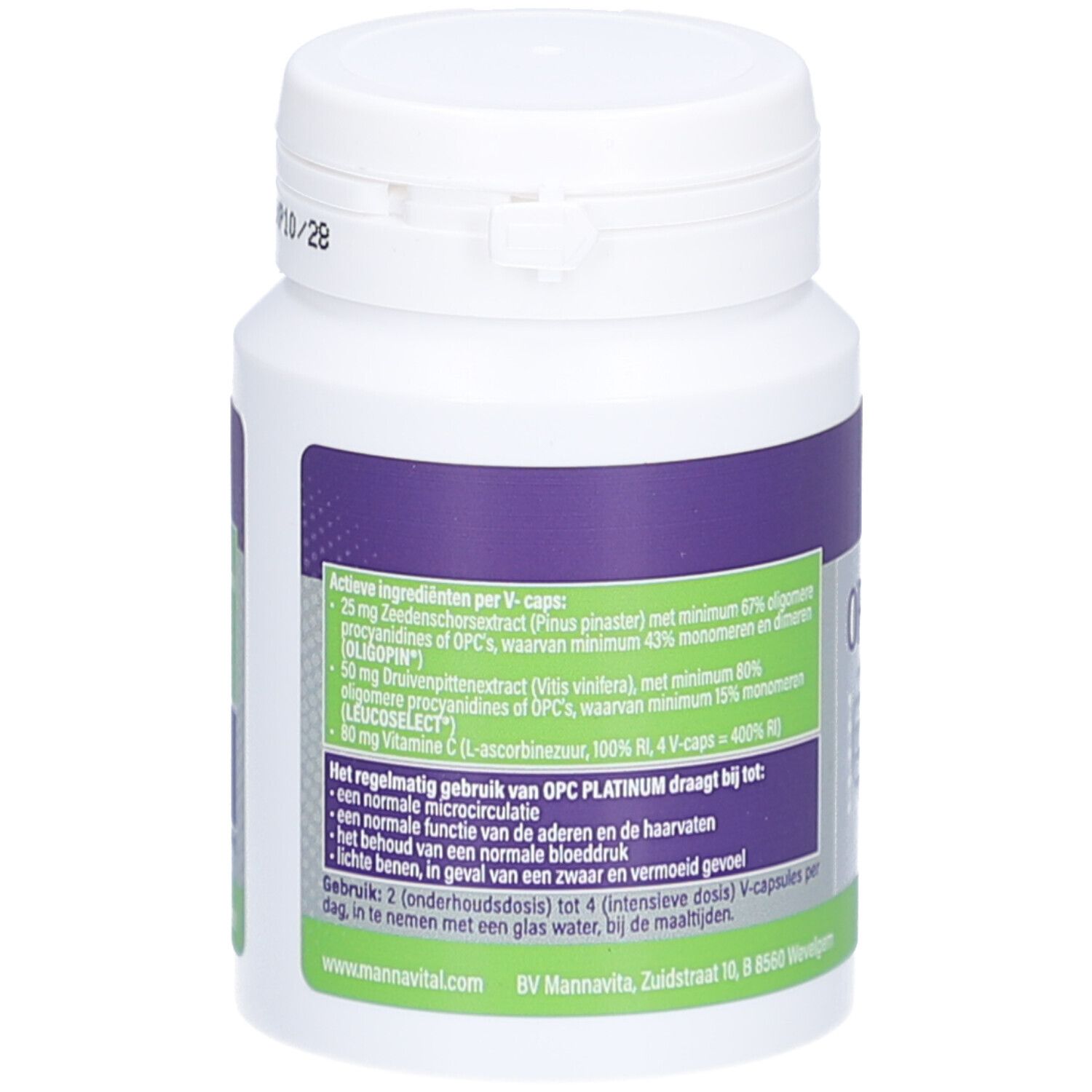 Weiße Flasche mit lila und grünen Etiketten. Enthält OPC Platinum. Text: Inhaltsstoffe, Haltbarkeitsdatum.