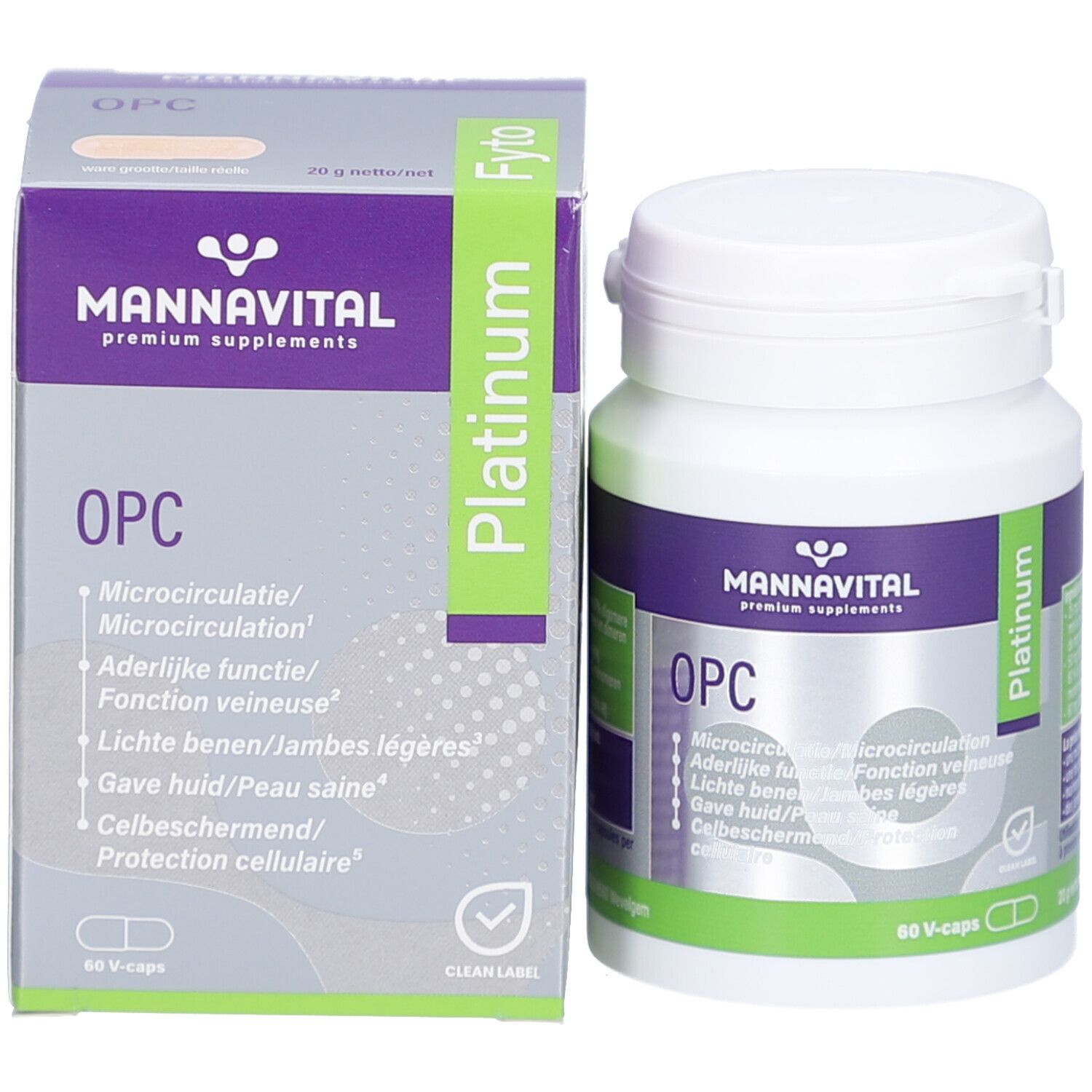 Schachtel und Flasche mit OPC Platinum. Text: Mannavital, OPC, 60 V-caps, Platinum, Fyto.