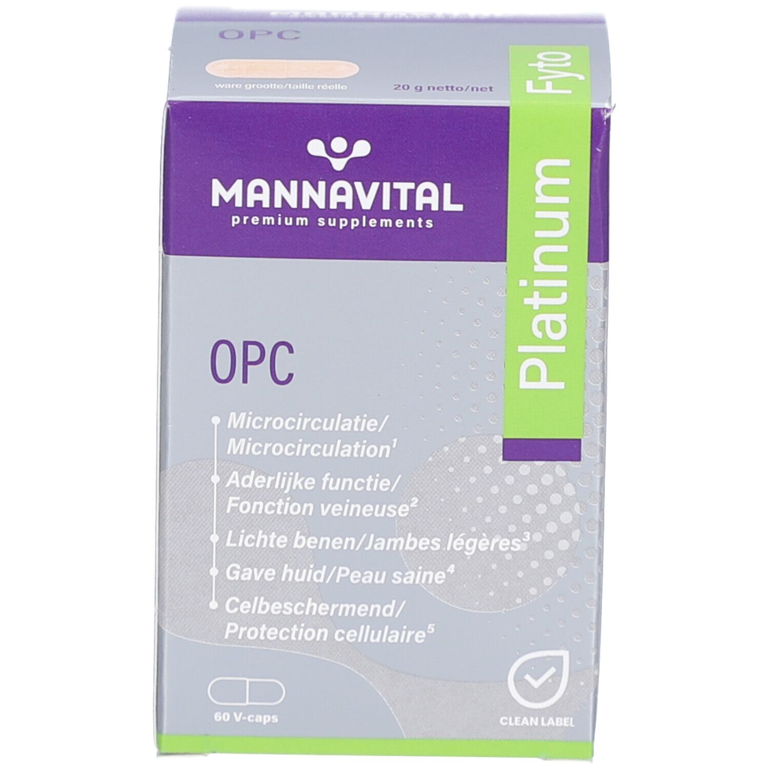 Schachtel mit OPC Platinum. Text: Mannavital, OPC, 60 V-caps, Platinum, Fyto.