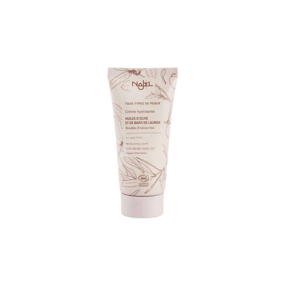 Tube de crème Najel, Crème hydratante, tous types de peaux. Contient des huiles d'olive et de baies de lavande. Label bio.