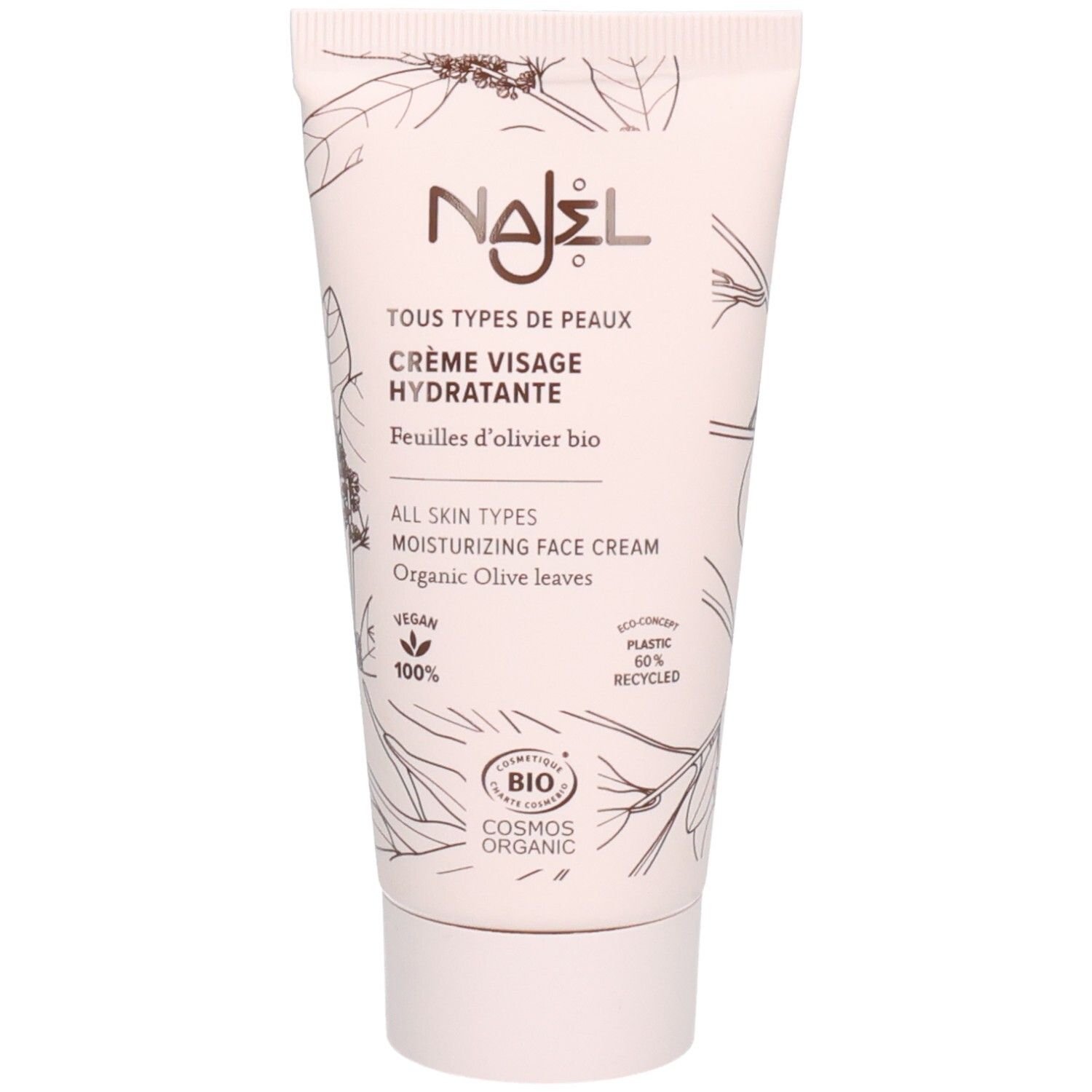 Creme-Tube mit Aufschrift Najel, Crème visage hydratante, für alle Hauttypen. Enthält Bio-Olivenblätter. Vegan, 100% und Bio-Siegel.