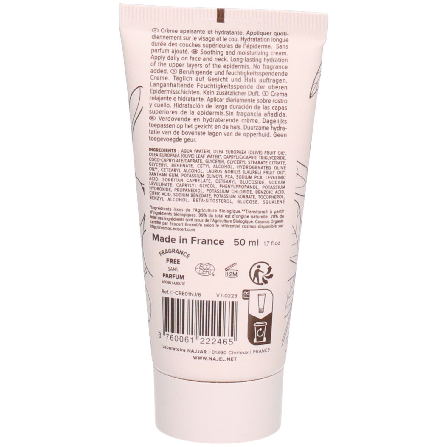 Rückseite der Creme-Tube. Text in Französisch, Inhaltsstoffe, Made in France, ohne Duftstoffe, 50 ml, Recycling-Symbol, Bio-Siegel.