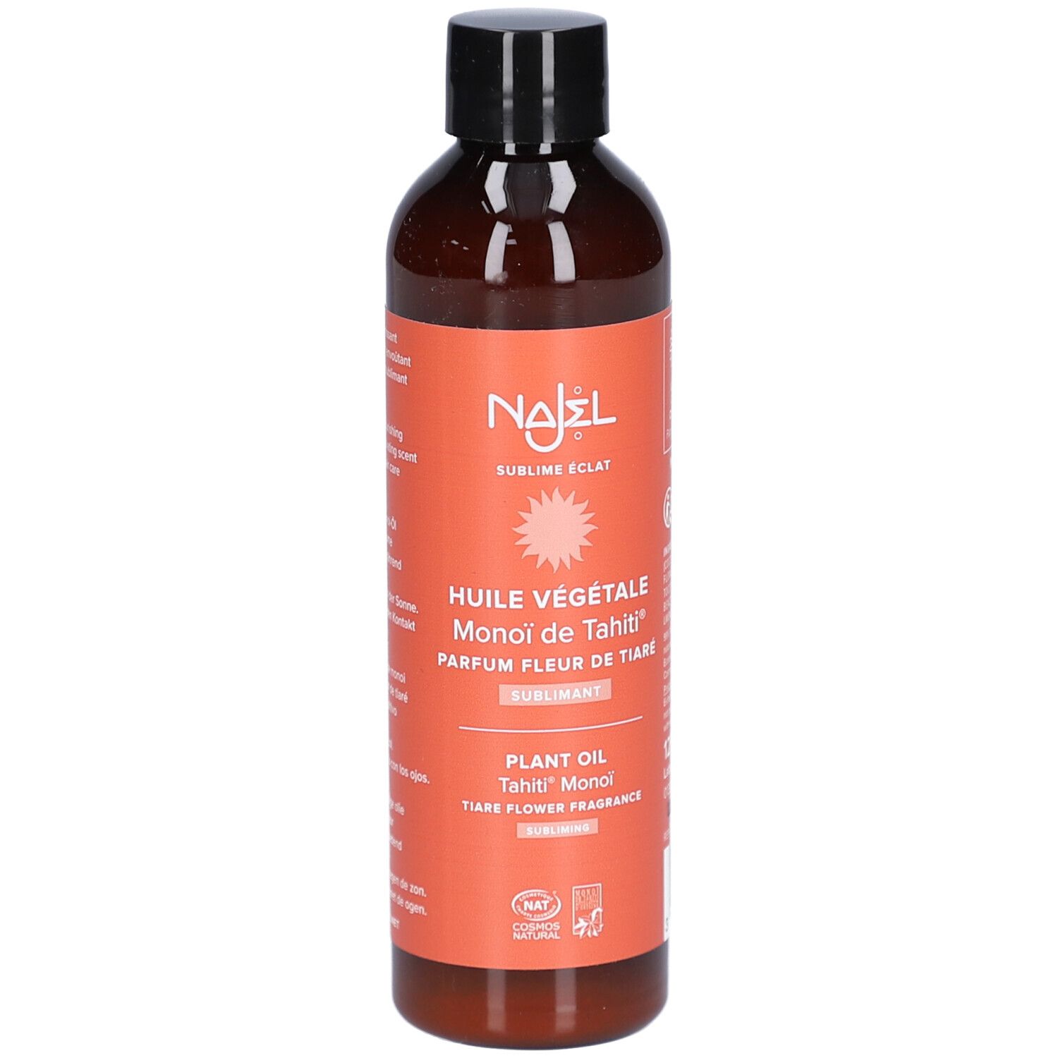 Braune Flasche mit schwarzem Deckel. Etikett mit Produktinformationen und Logo. Pflanzliches Öl mit Monoi de Tahiti.