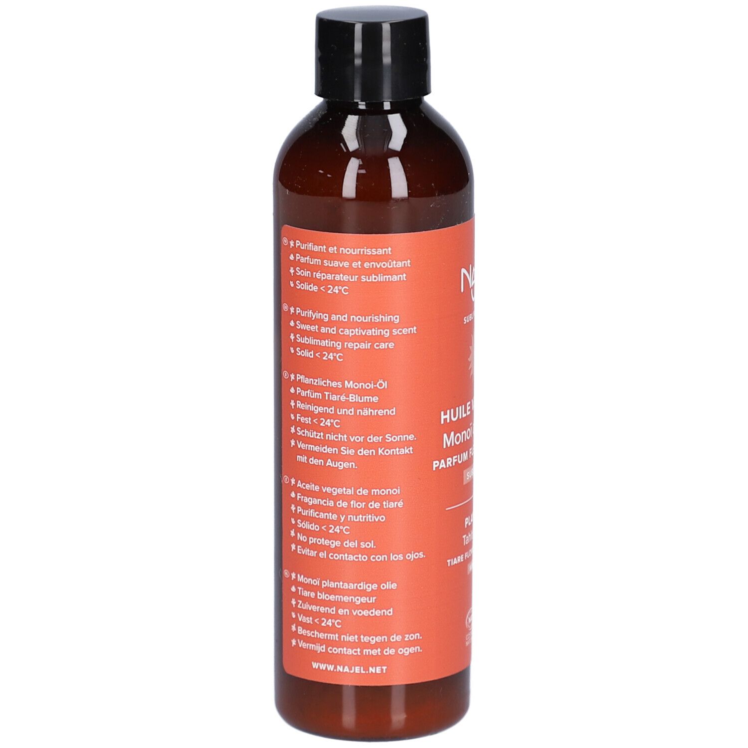 Rückseite der braunen Flasche mit schwarzem Deckel. Etikett mit Produktinformationen. Pflanzliches Öl Monoi de Tahiti.