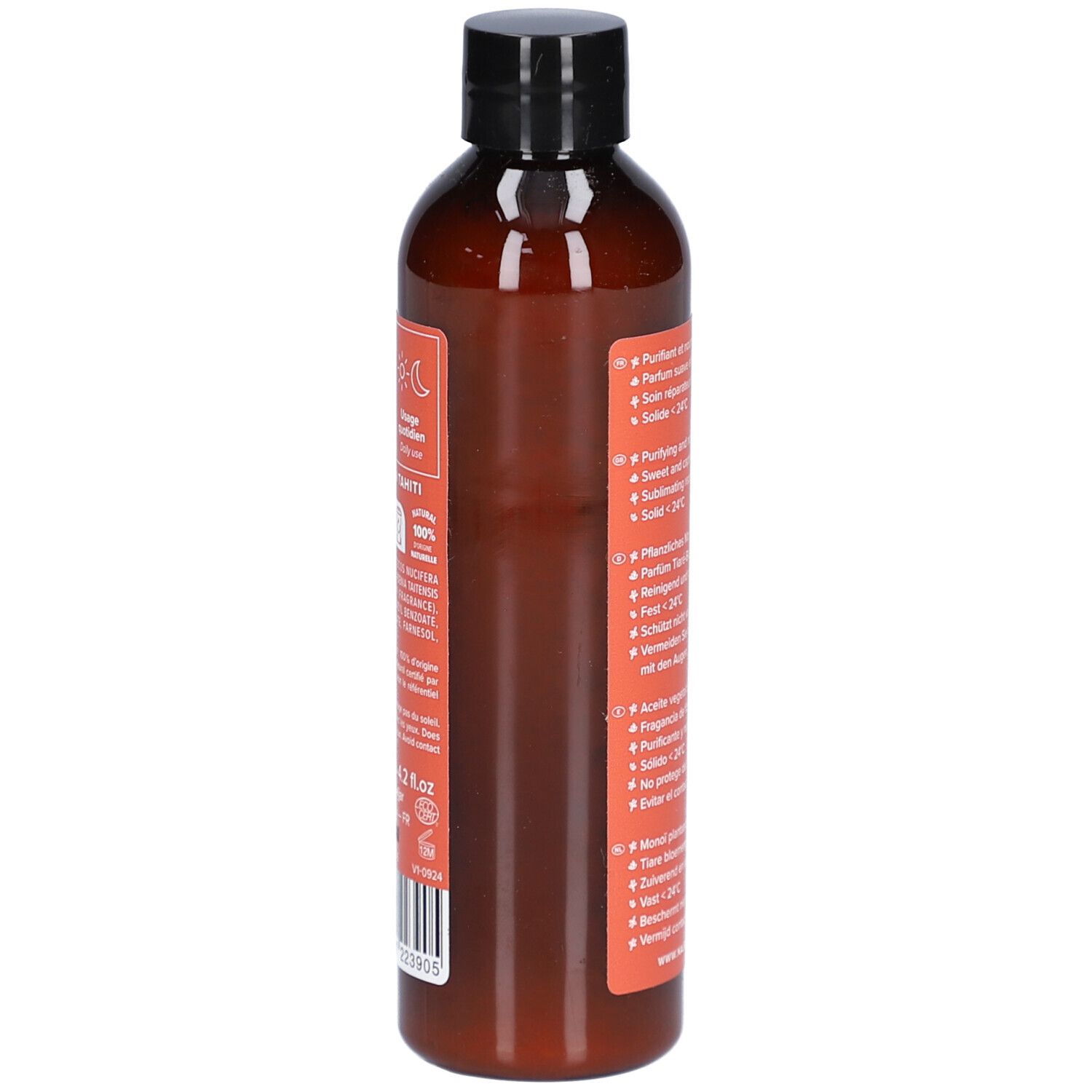 Rückseite der braunen Flasche mit schwarzem Deckel. Etikett mit Produktinformationen. Pflanzliches Öl Monoi de Tahiti.