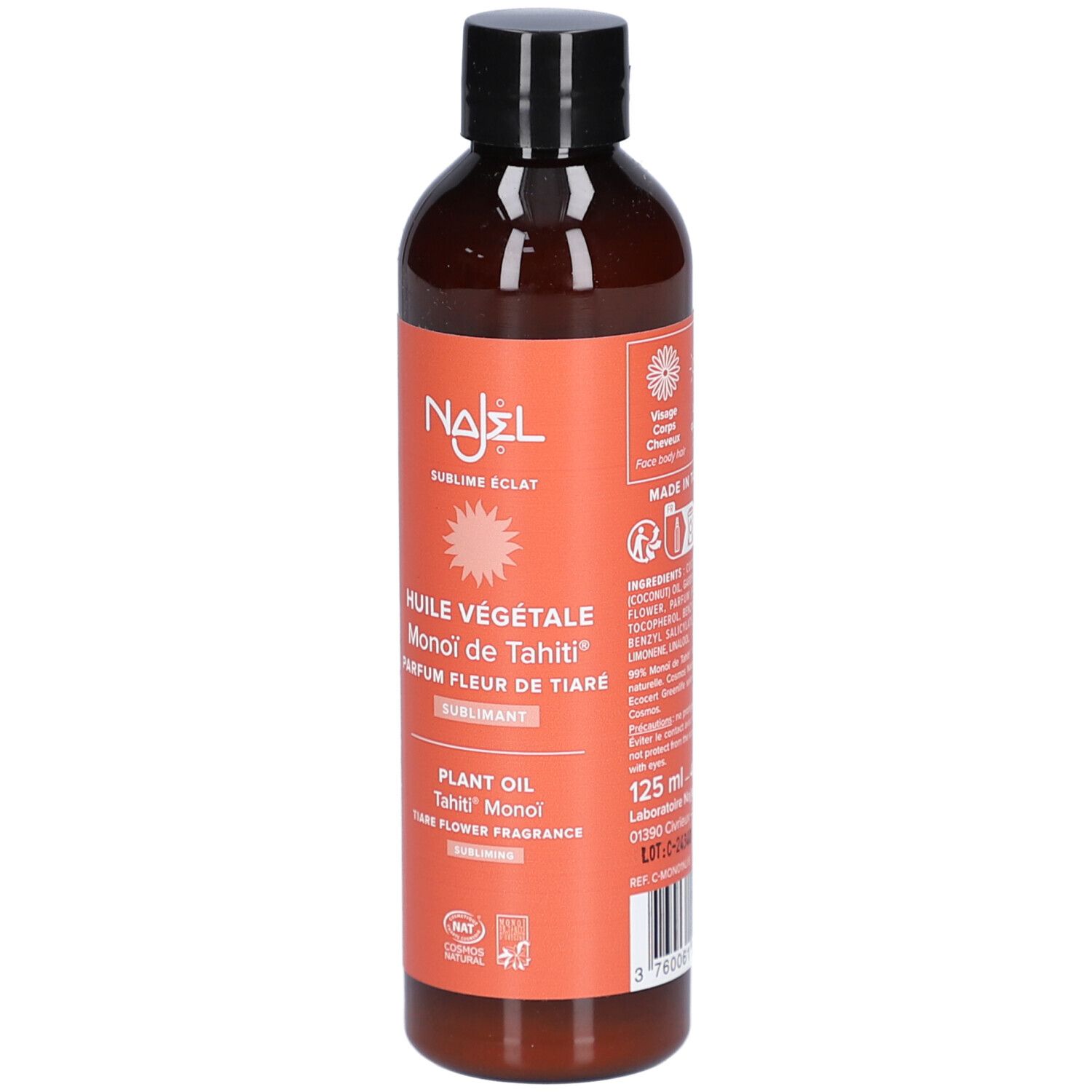 Braune Flasche mit schwarzem Deckel. Etikett mit Produktinformationen und Logo. Pflanzliches Öl Monoi de Tahiti, 125 ml.