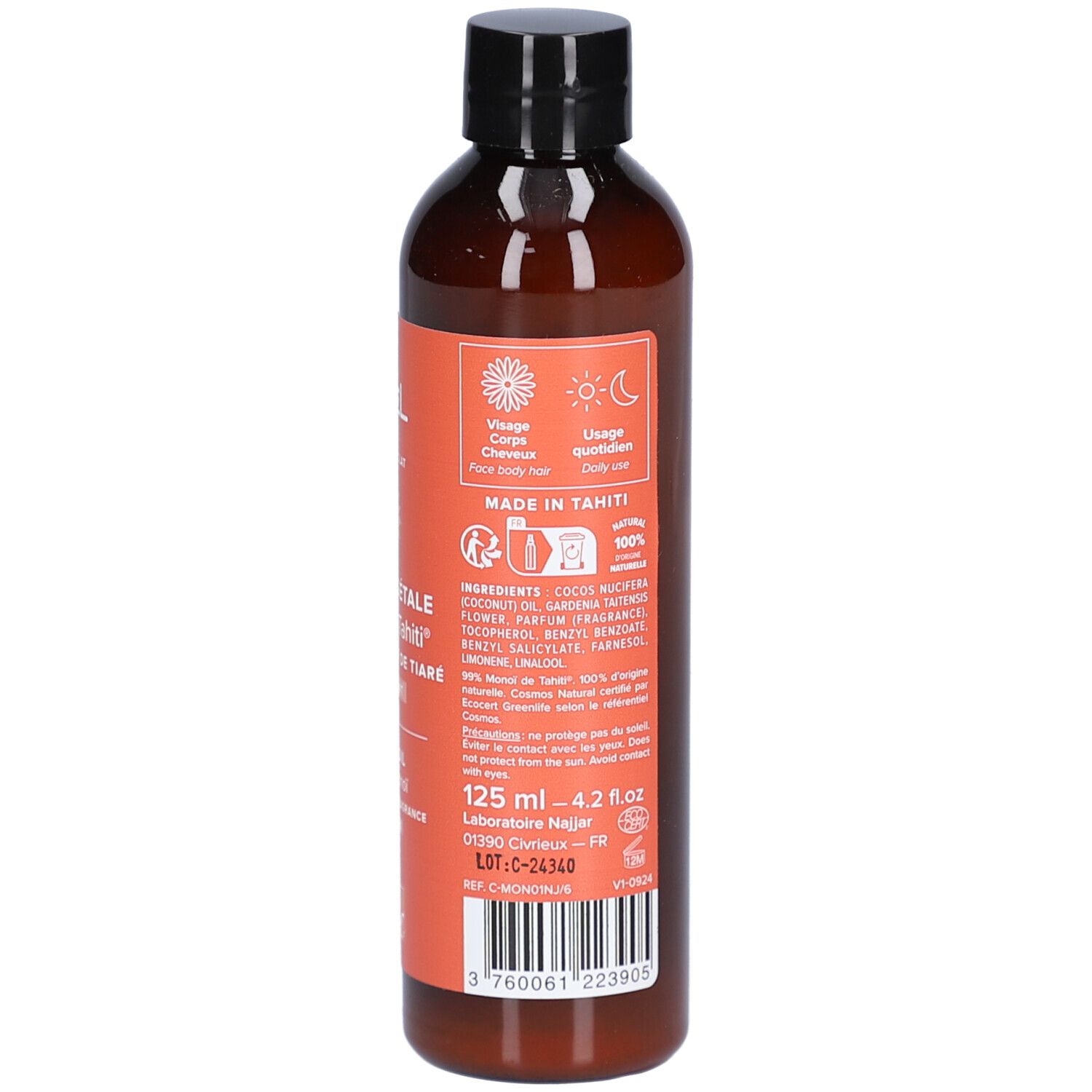 Braune Flasche mit schwarzem Deckel. Etikett mit Produktinformationen und Logo. Pflanzliches Öl Monoi de Tahiti, 125 ml.