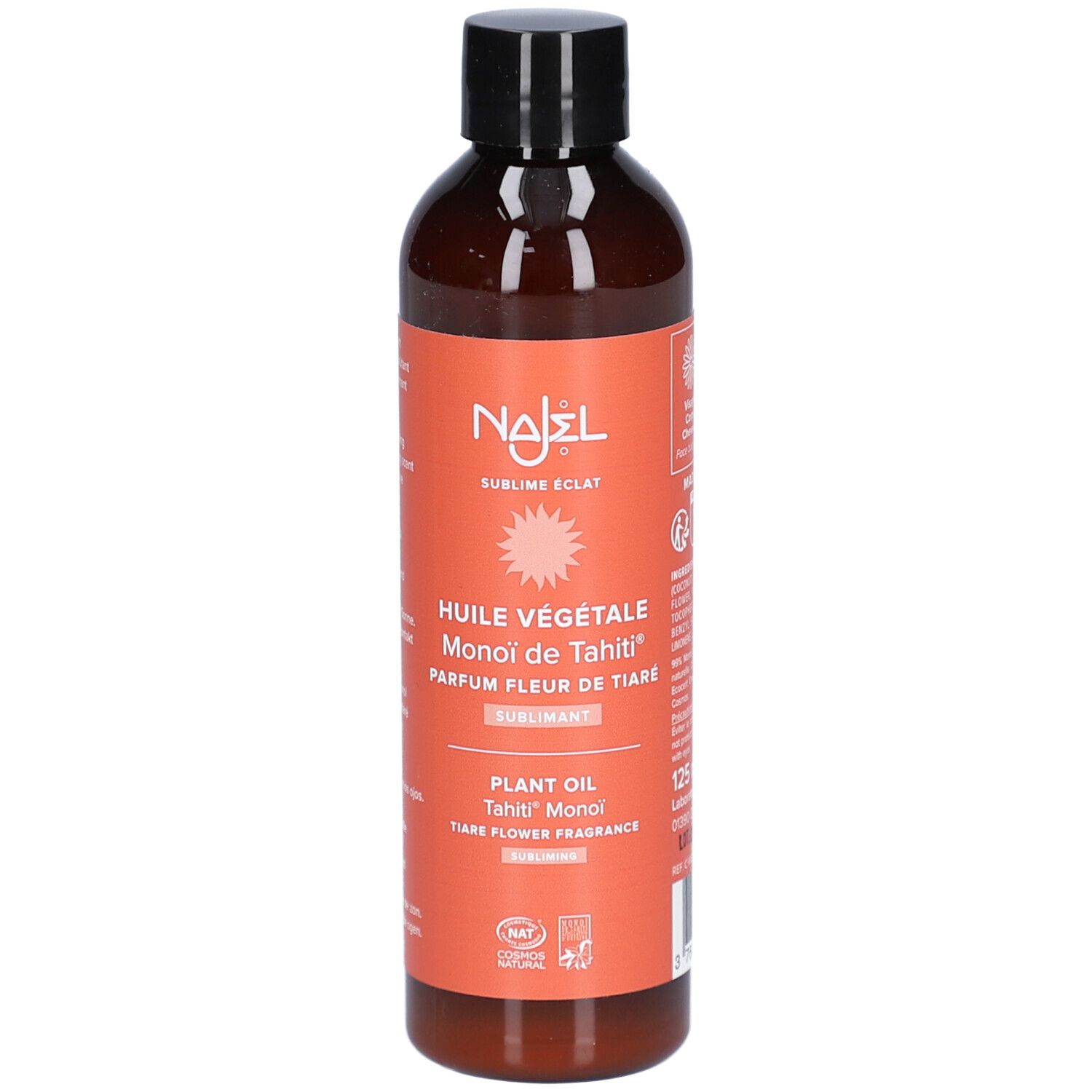 Braune Flasche mit schwarzem Deckel. Etikett mit Produktinformationen und Logo. Pflanzliches Öl Monoi de Tahiti.