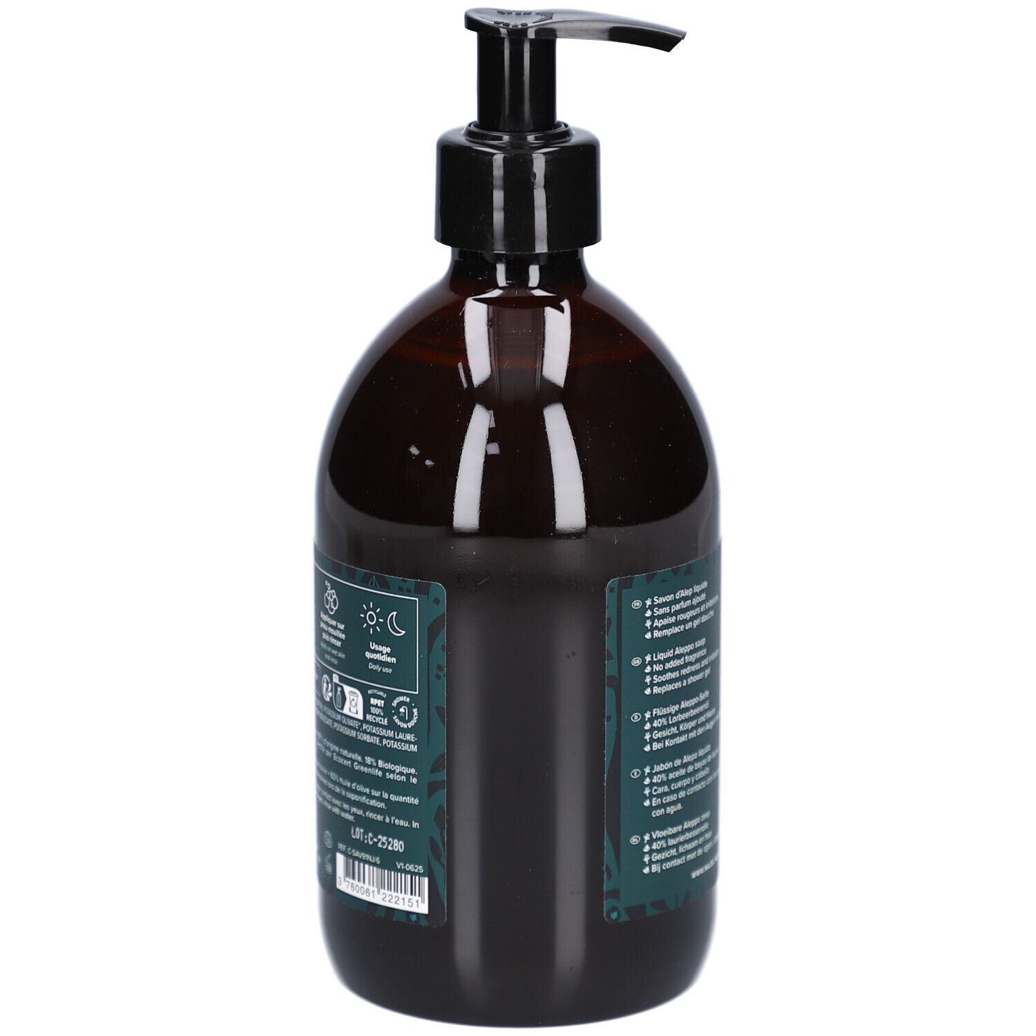 Flacon brun avec pompe noire, vue arrière. Étiquette verte avec texte et symboles. Certification bio.