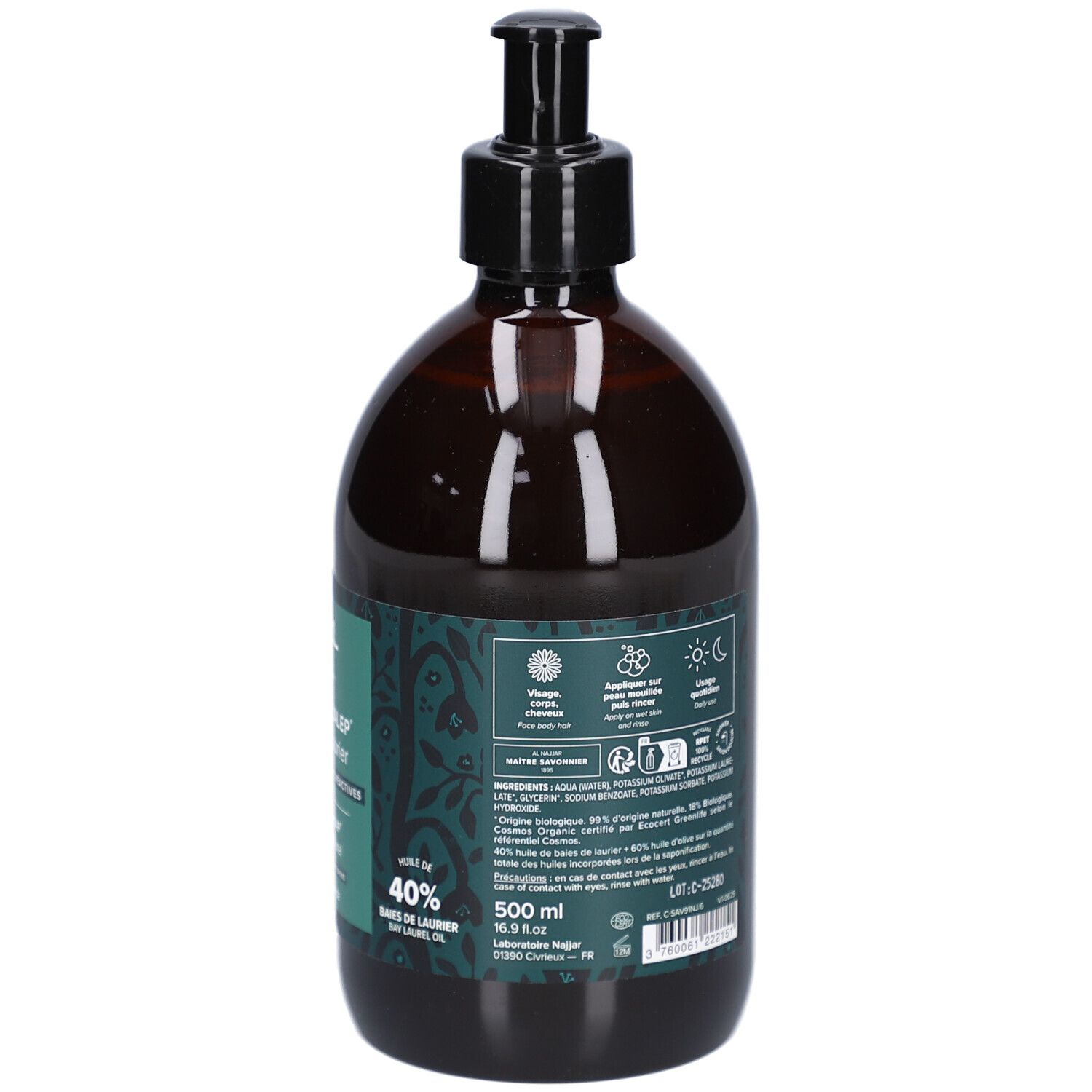 Flacon brun avec pompe noire. Étiquette verte avec texte et symboles. Ingrédients et indication de volume.