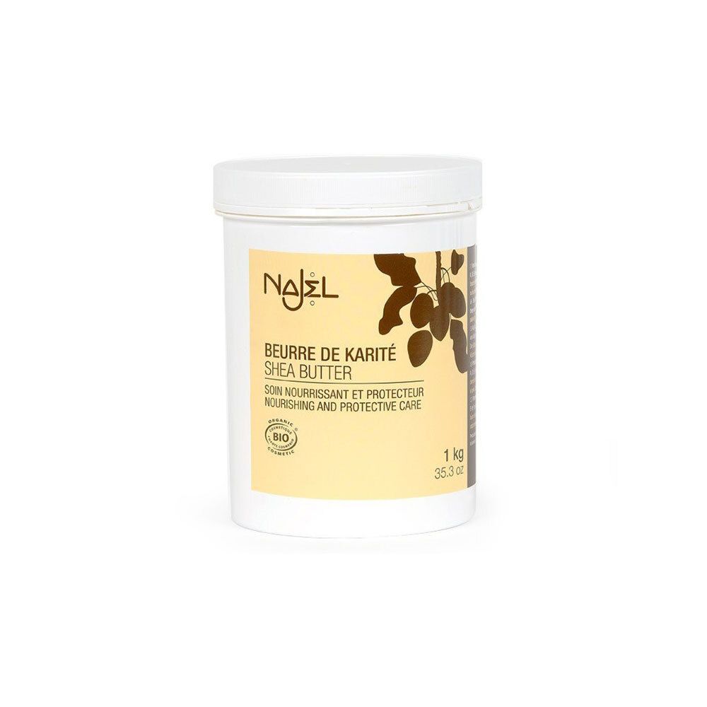 Pot blanc avec couvercle. Inscription: NAJEL, Shea Butter. Certification bio. 1 kg.