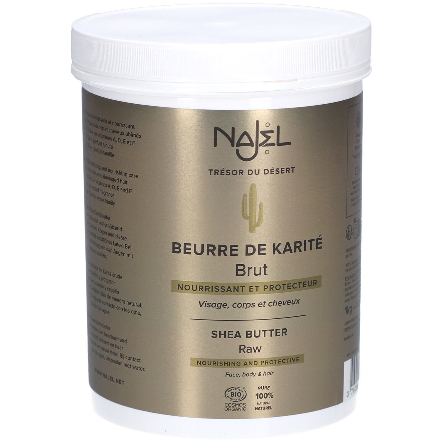 Weißer Behälter mit Deckel. Aufschrift: NAJEL, BEURRE DE KARITÉ Brut, Shea Butter Raw. Bio-Zertifizierung.
