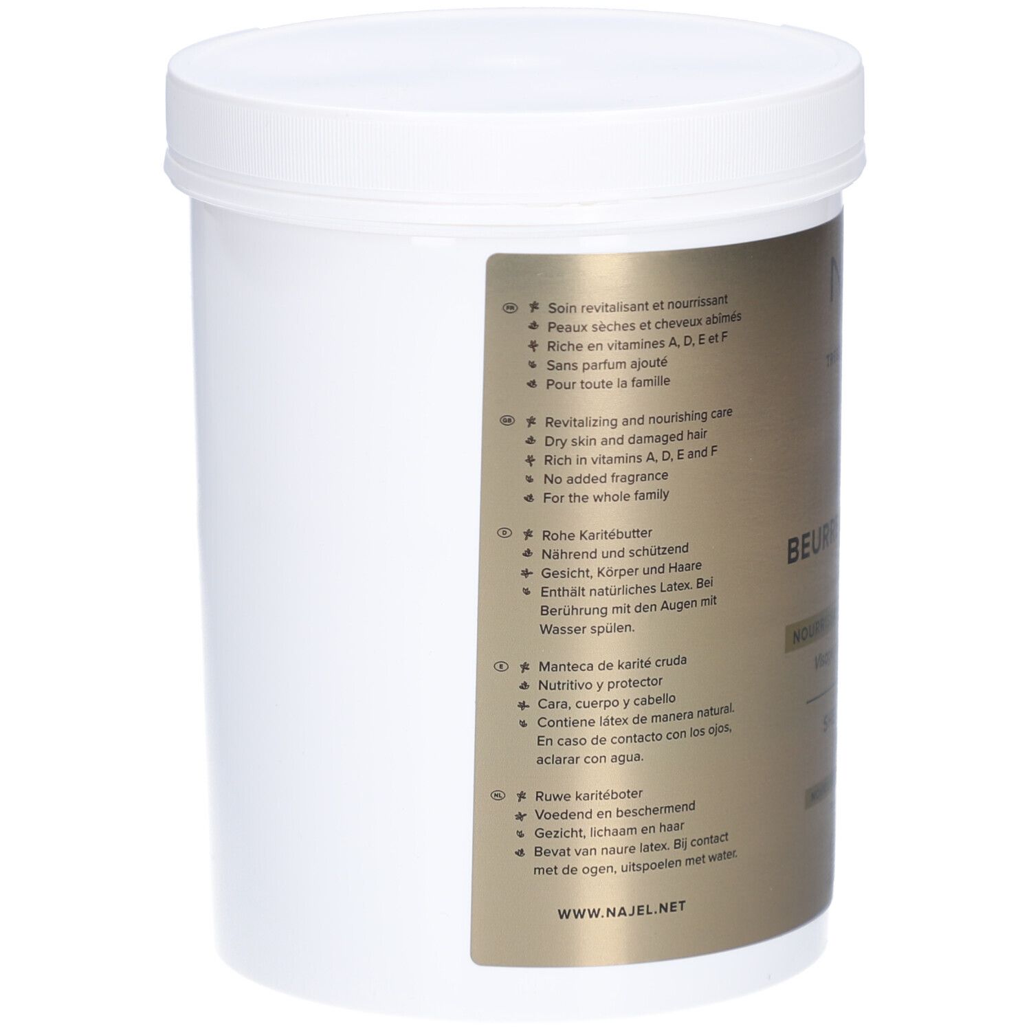 Weißer Behälter mit Deckel. Aufkleber mit Text in mehreren Sprachen. Enthält Informationen zur Anwendung.