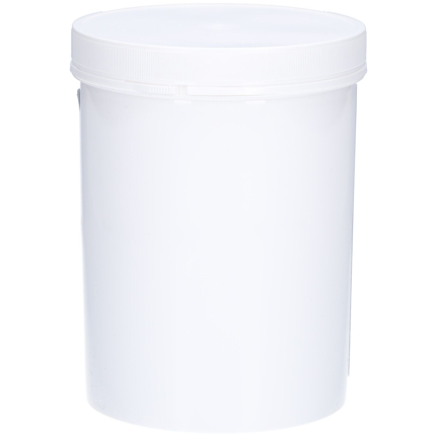 Weißer zylindrischer Behälter mit weißem Deckel. Glatte Oberfläche.